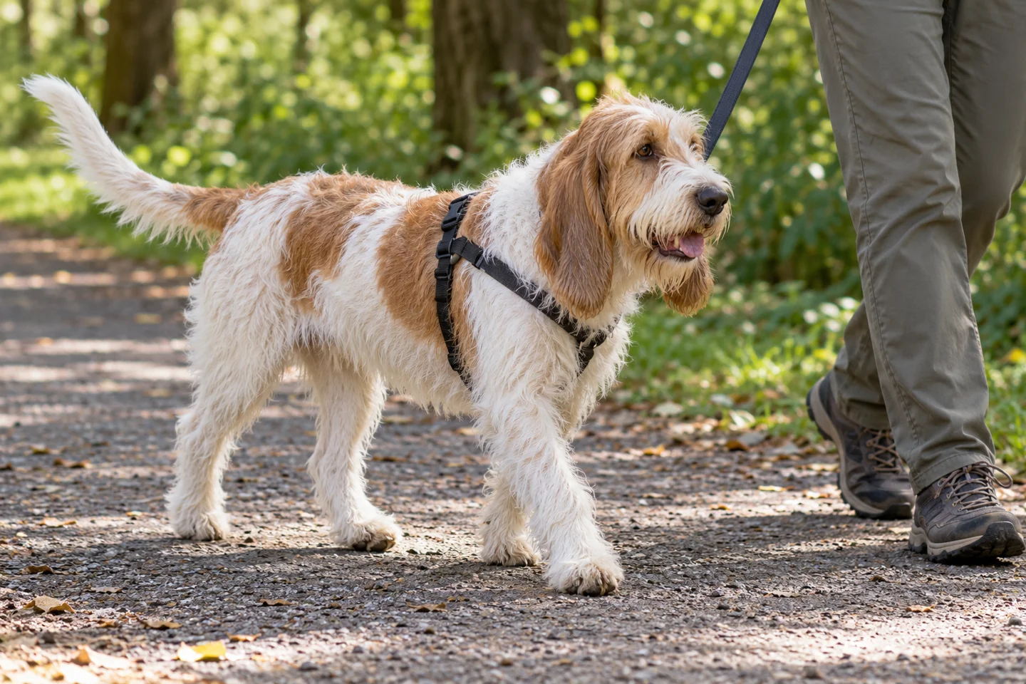 Briquet Griffon Vendéen walking in a harness beside an adult on a quiet path