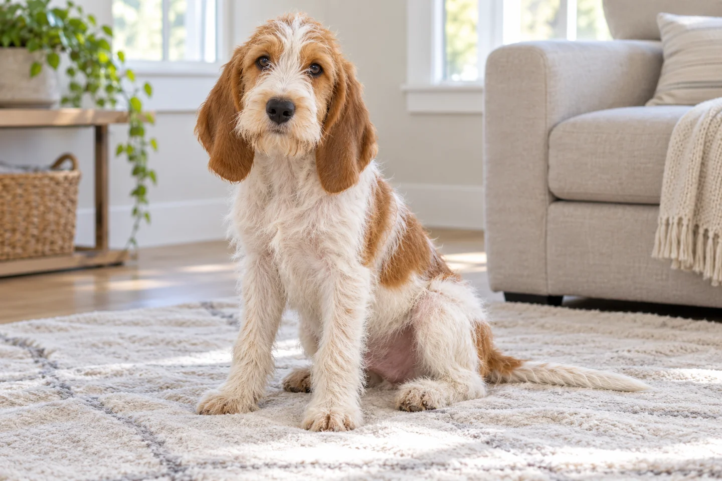 Briquet Griffon Vendéen puppy resting on a pale blanket