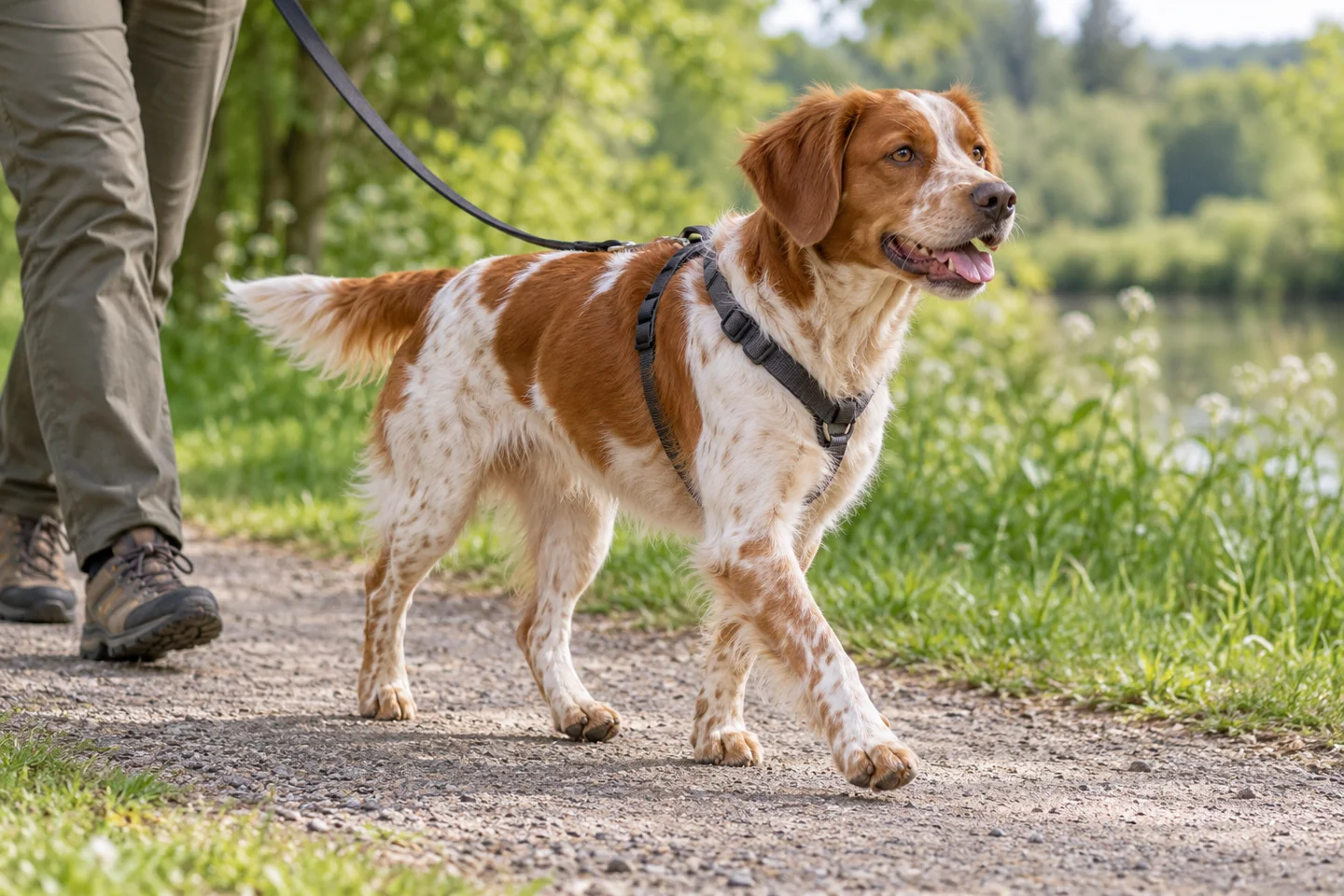 Brittany adult exploring a quiet path beside a handler. Orange and white illustration; fine coat and light feathering.