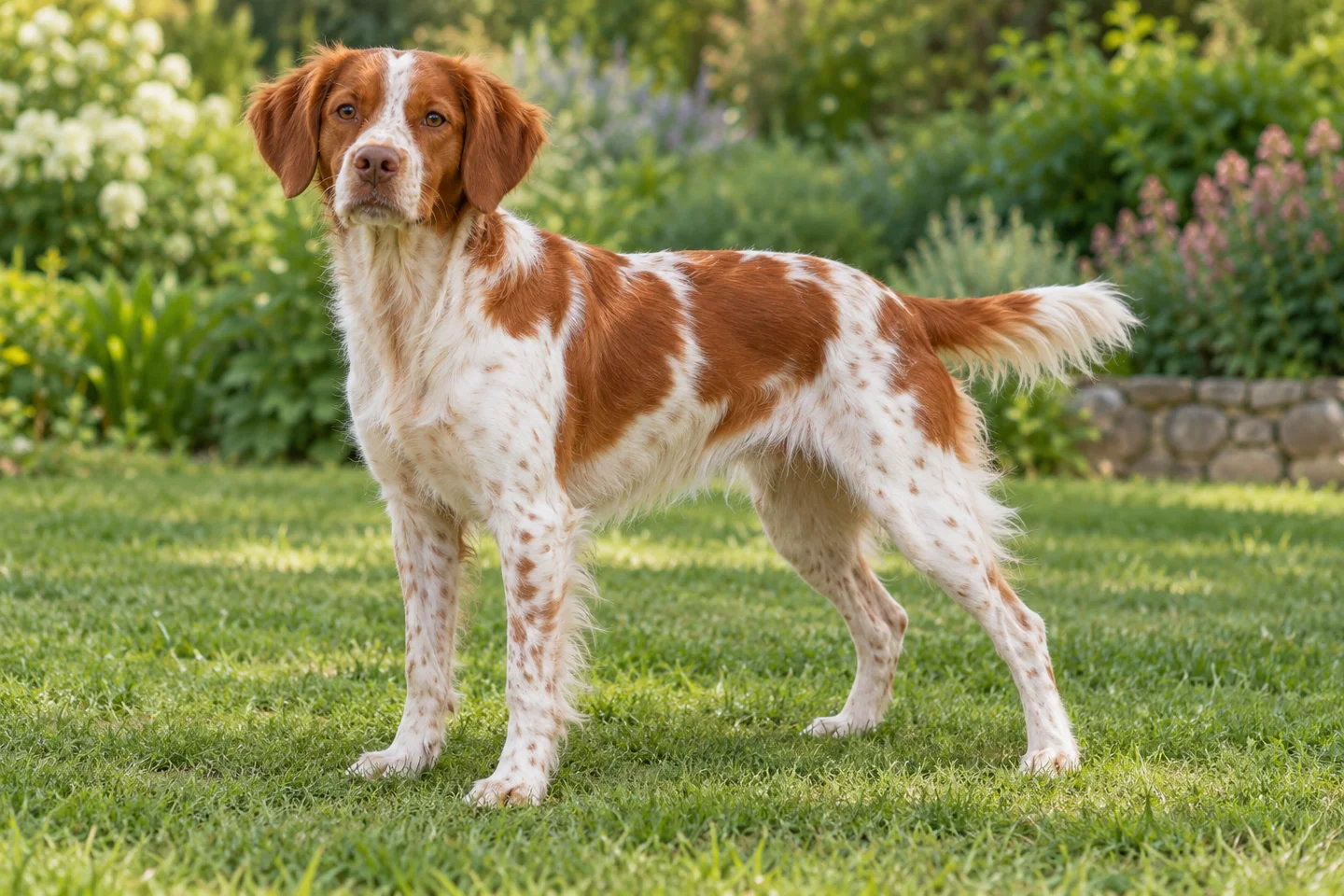 Brittany adult standing comfortably on grass. Orange and white illustration; fine coat and light feathering.