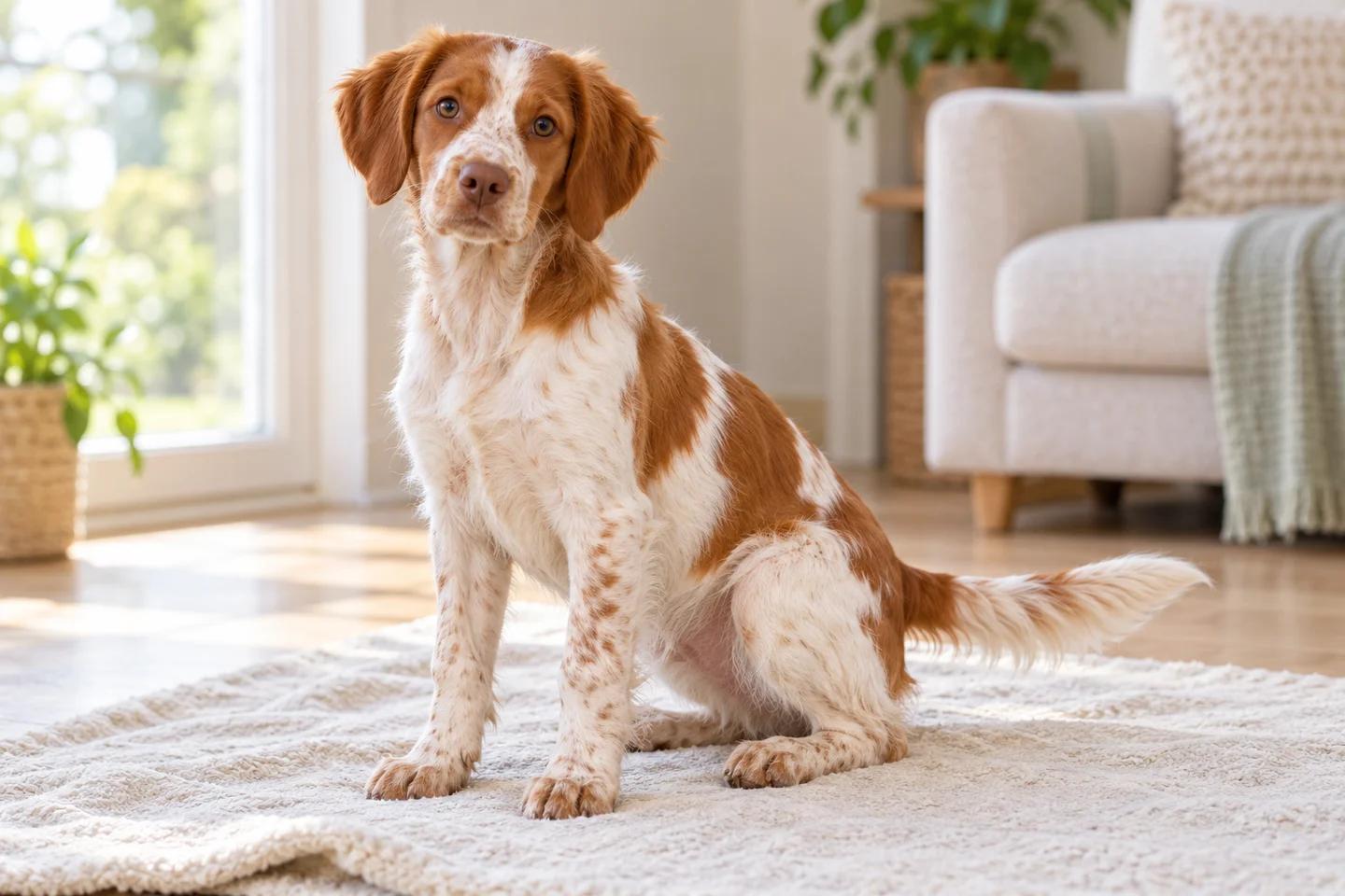 Brittany puppy resting beside a soft blanket. Orange and white illustration; fine coat and light feathering.