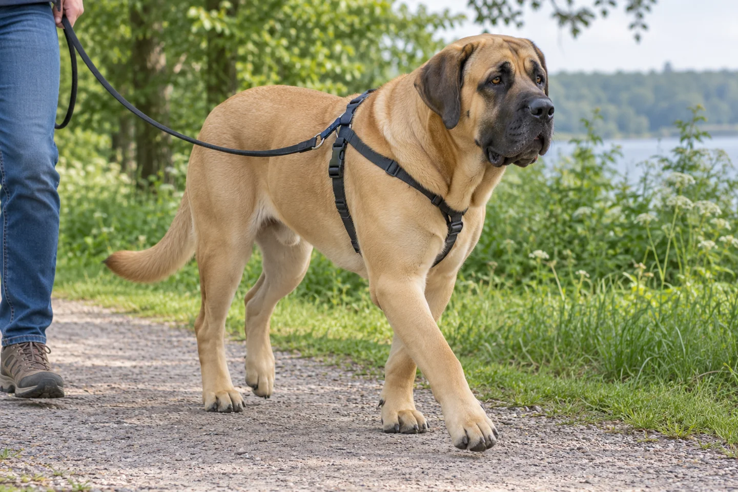 Broholmer adult exploring a quiet path beside a handler. Short yellow-fawn with dark mask illustration.