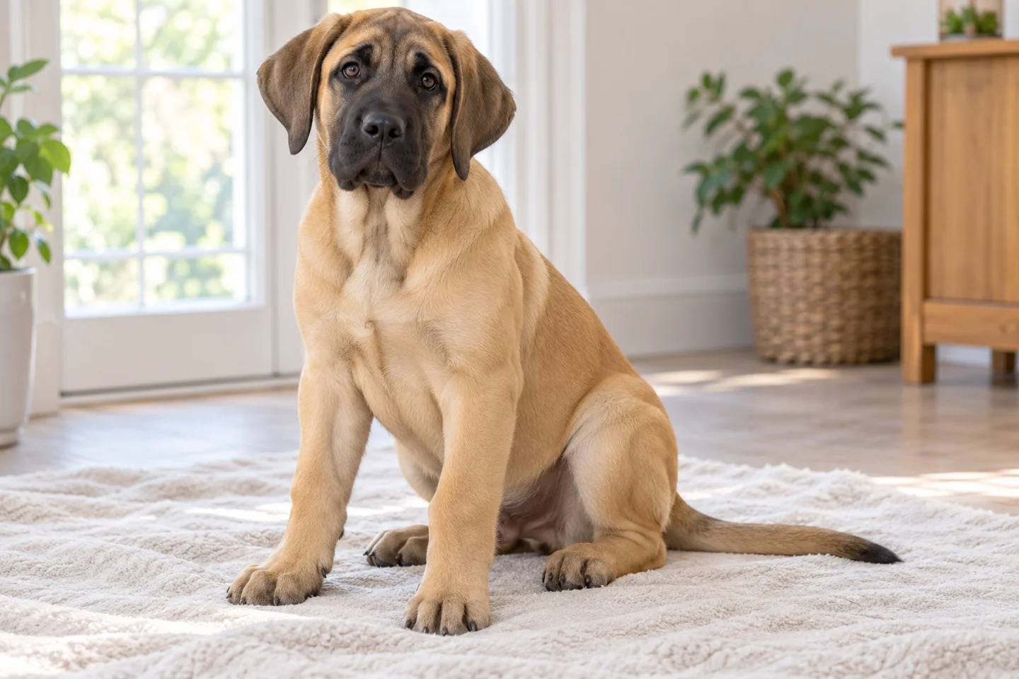 Broholmer puppy resting beside a soft blanket. Short yellow-fawn with dark mask illustration.