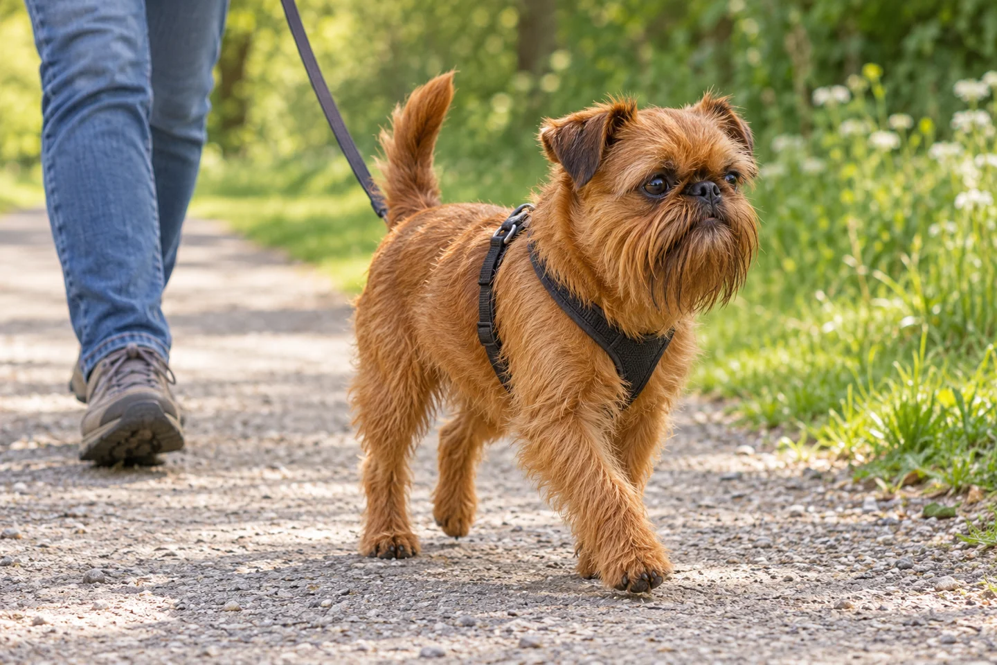 Brussels Griffon adult exploring a quiet path beside a handler. Red rough-coated variety illustrated.