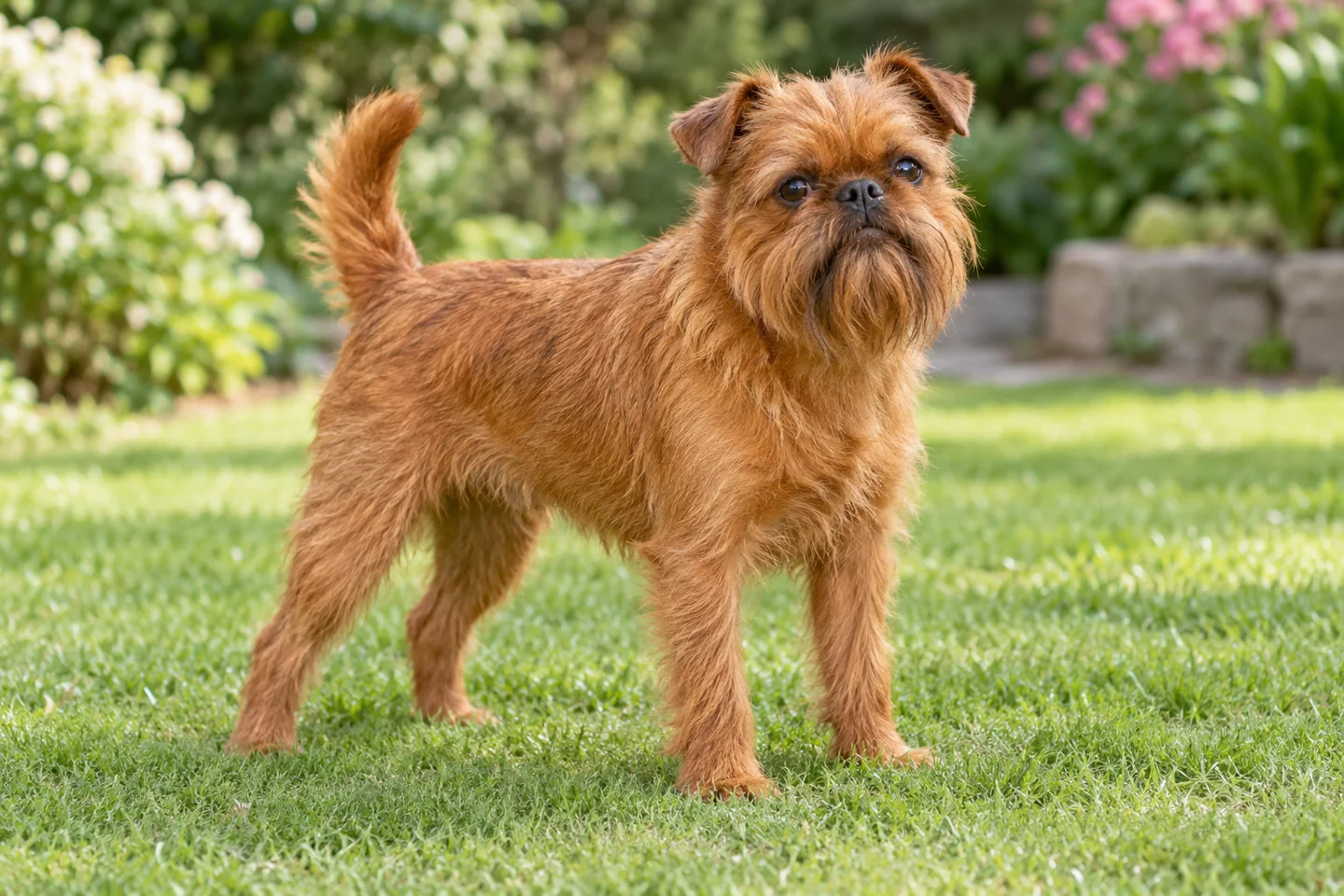 Brussels Griffon adult standing comfortably on grass. Red rough-coated variety illustrated.