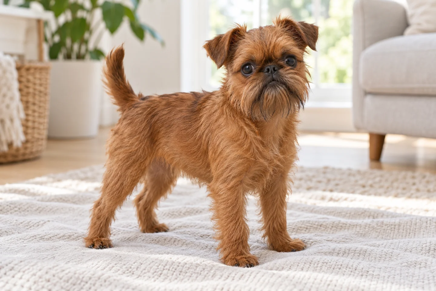 Brussels Griffon puppy resting beside a soft blanket. Red rough-coated variety illustrated.