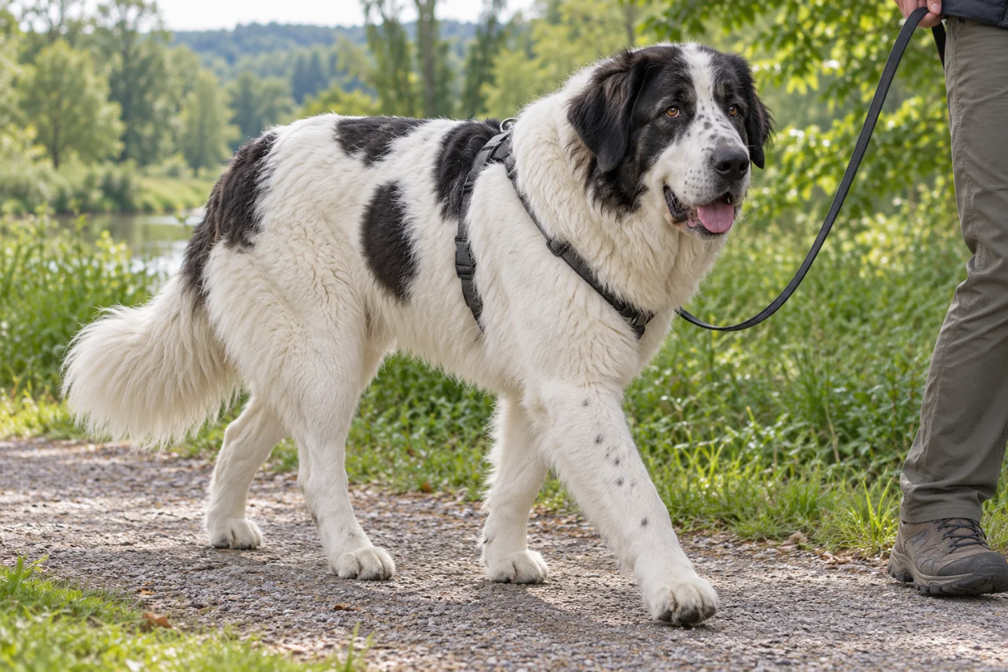 Bucovina Shepherd Dog adult exploring a quiet path beside a handler. Dense white coat with black patches illustrated.