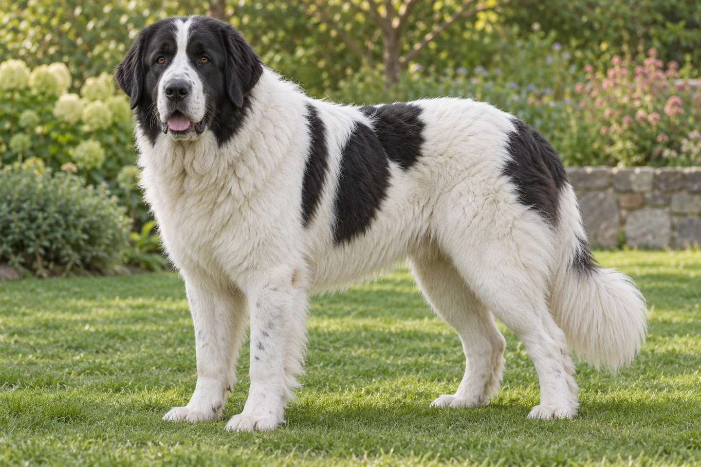 Bucovina Shepherd Dog adult standing comfortably on grass. Dense white coat with black patches illustrated.