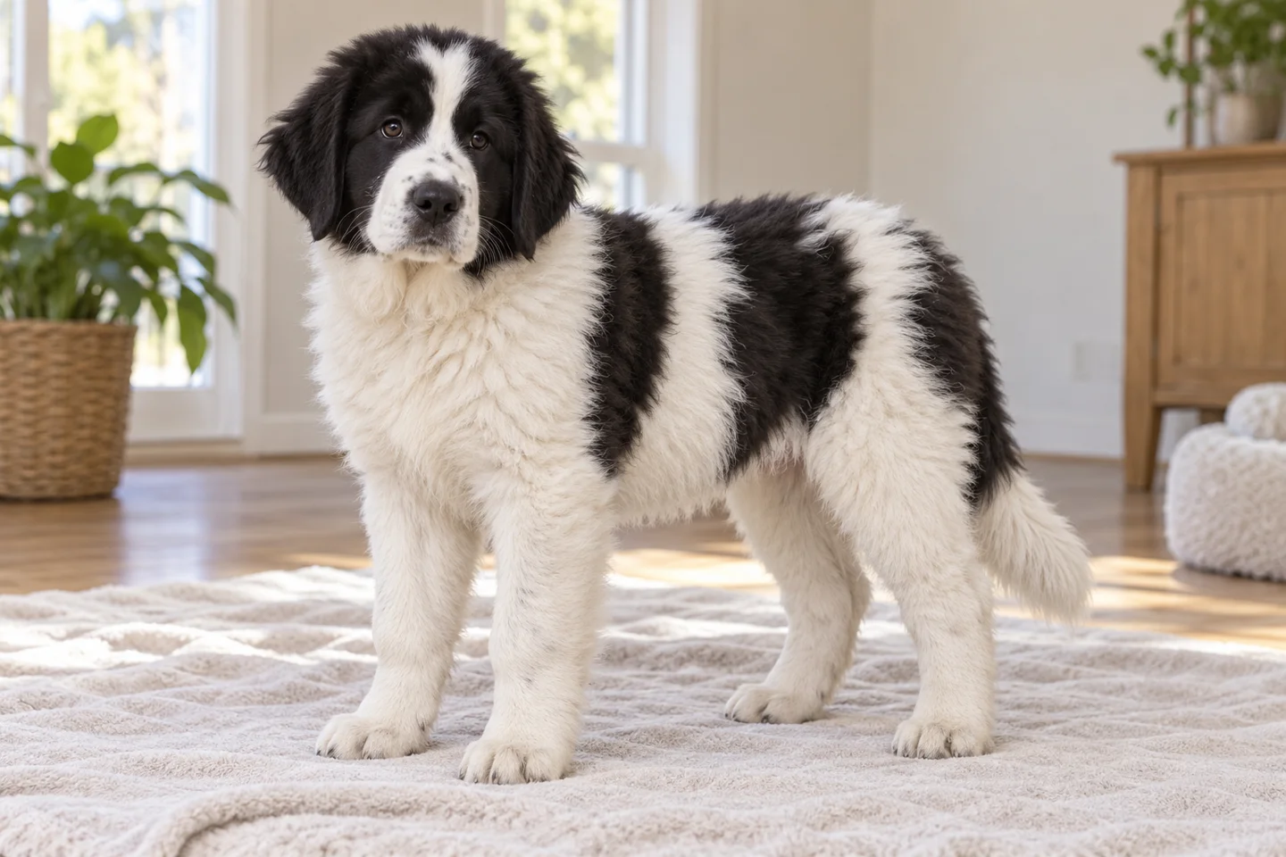Bucovina Shepherd Dog puppy resting beside a soft blanket. Dense white coat with black patches illustrated.
