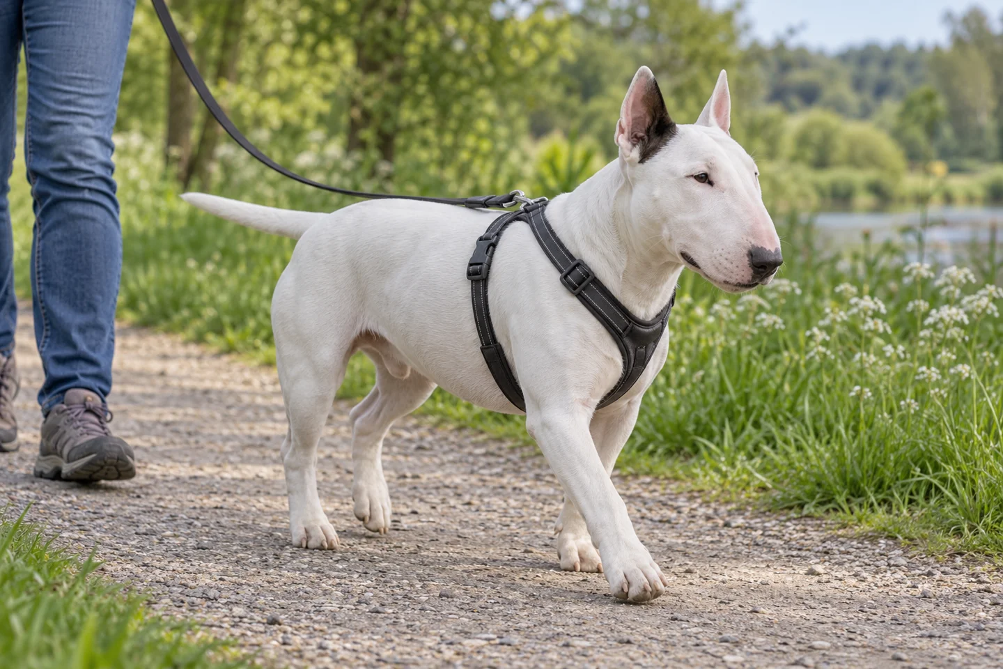 Bull Terrier adult exploring a quiet path beside a handler. Short smooth white example illustrated.