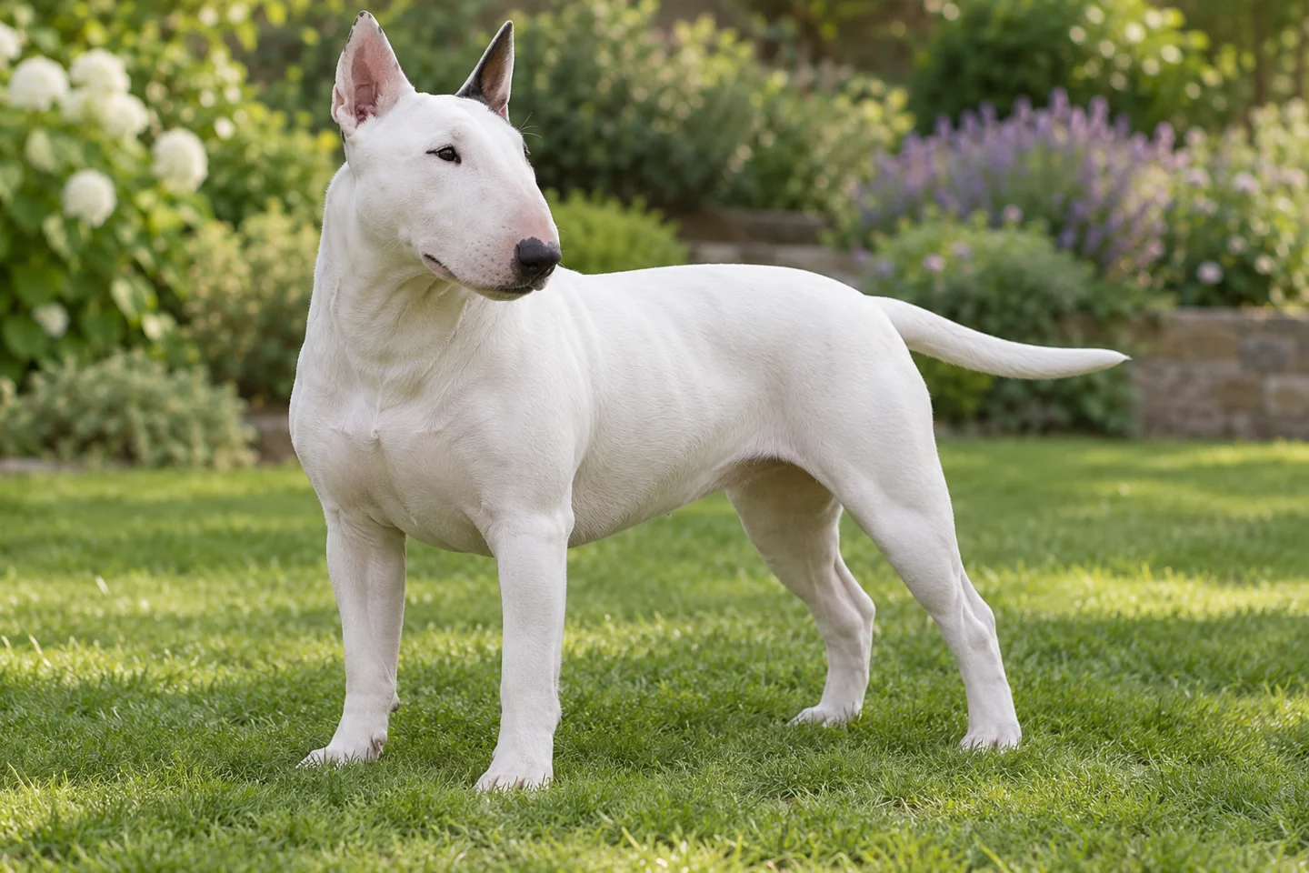 Bull Terrier adult standing comfortably on grass. Short smooth white example illustrated.