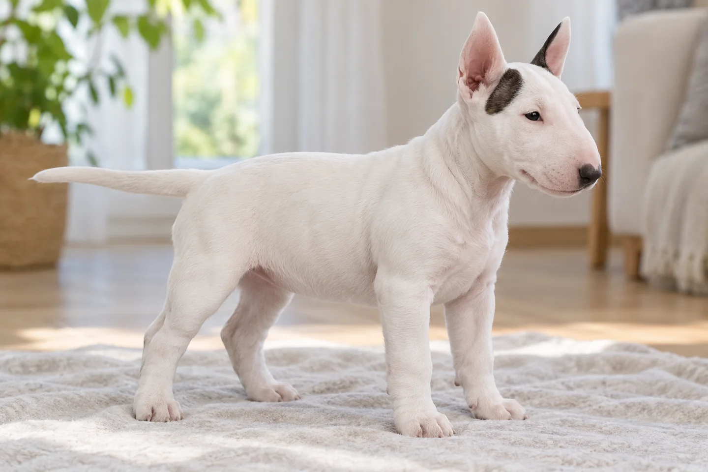Bull Terrier puppy resting beside a soft blanket. Short smooth white example illustrated.