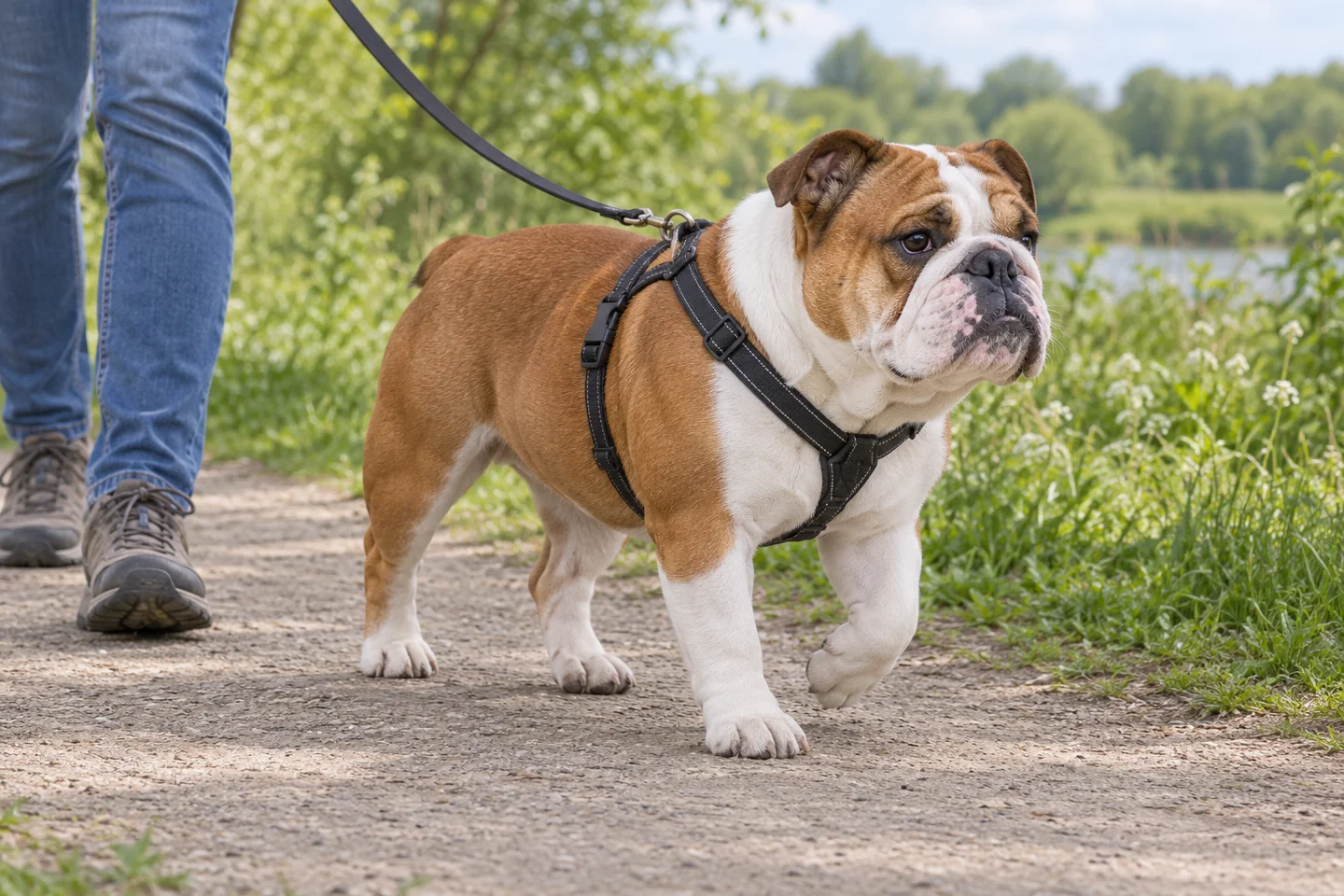 Bulldog adult exploring a quiet path beside a handler. Smooth red-and-white example illustrated.