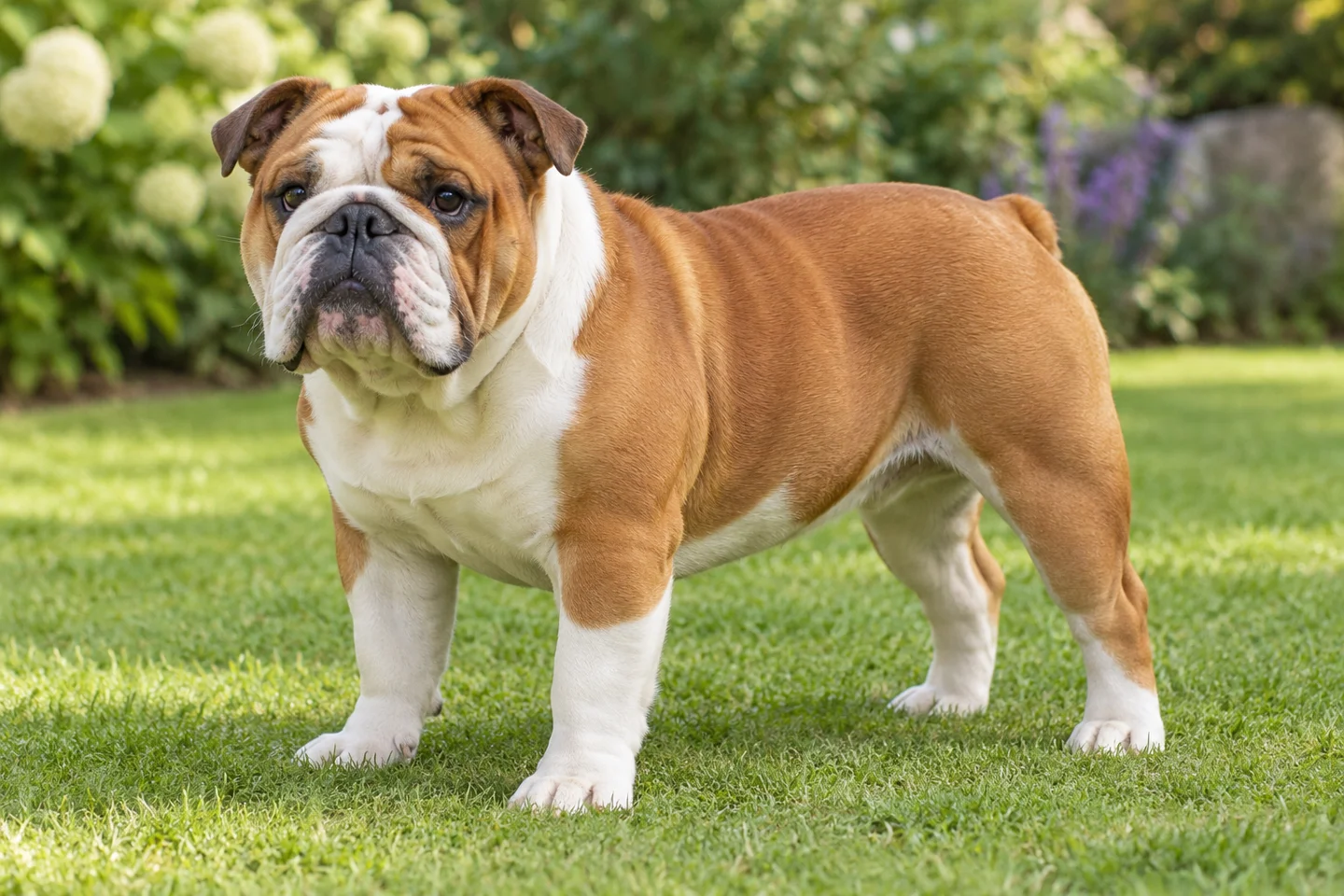 Bulldog adult standing comfortably on grass. Smooth red-and-white example illustrated.
