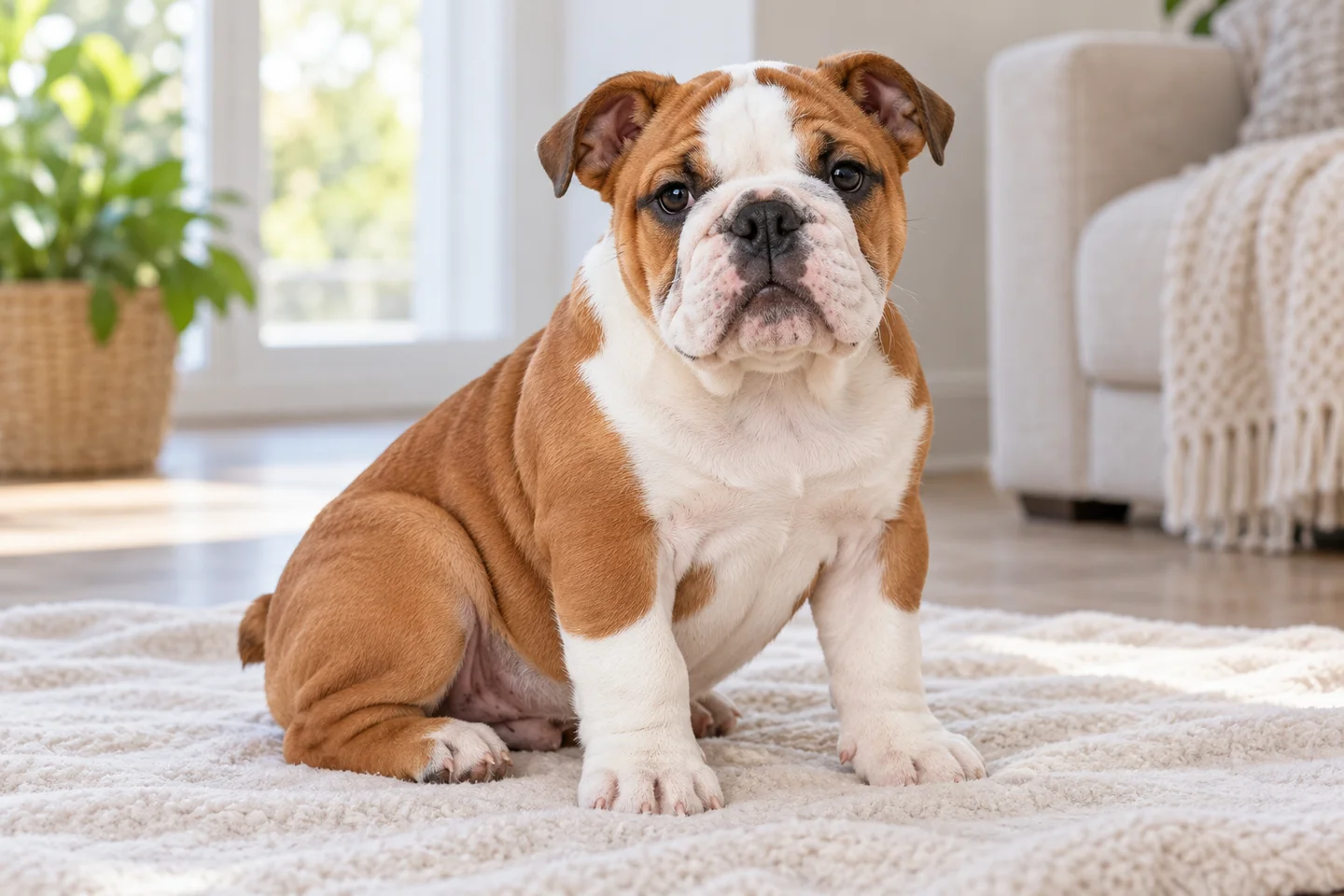 Bulldog puppy resting beside a soft blanket. Smooth red-and-white example illustrated.
