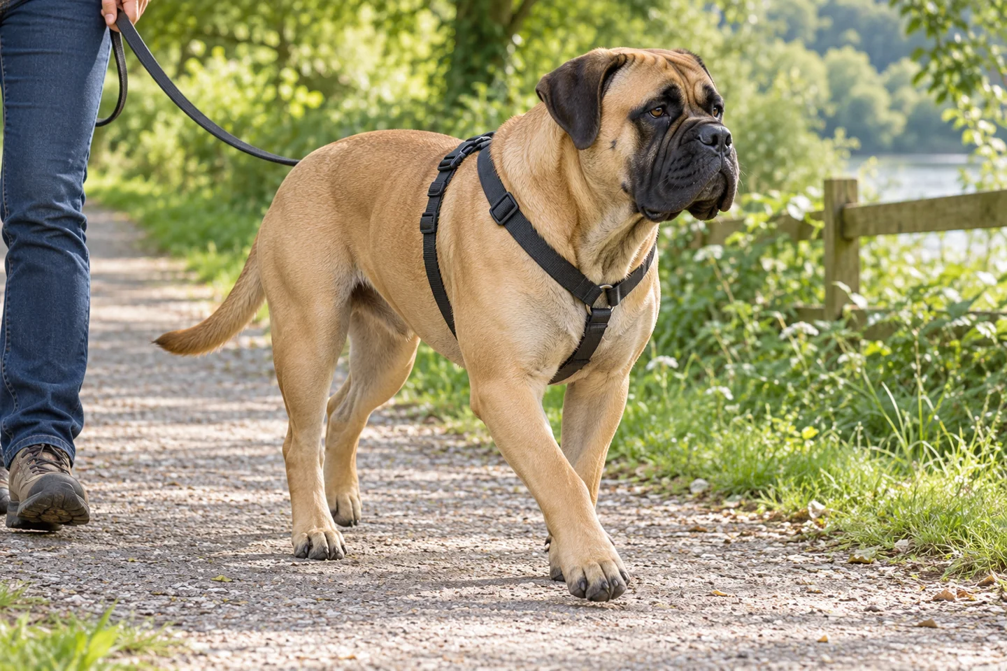 Bullmastiff adult exploring a quiet path beside a handler. Short fawn coat with black mask illustrated.
