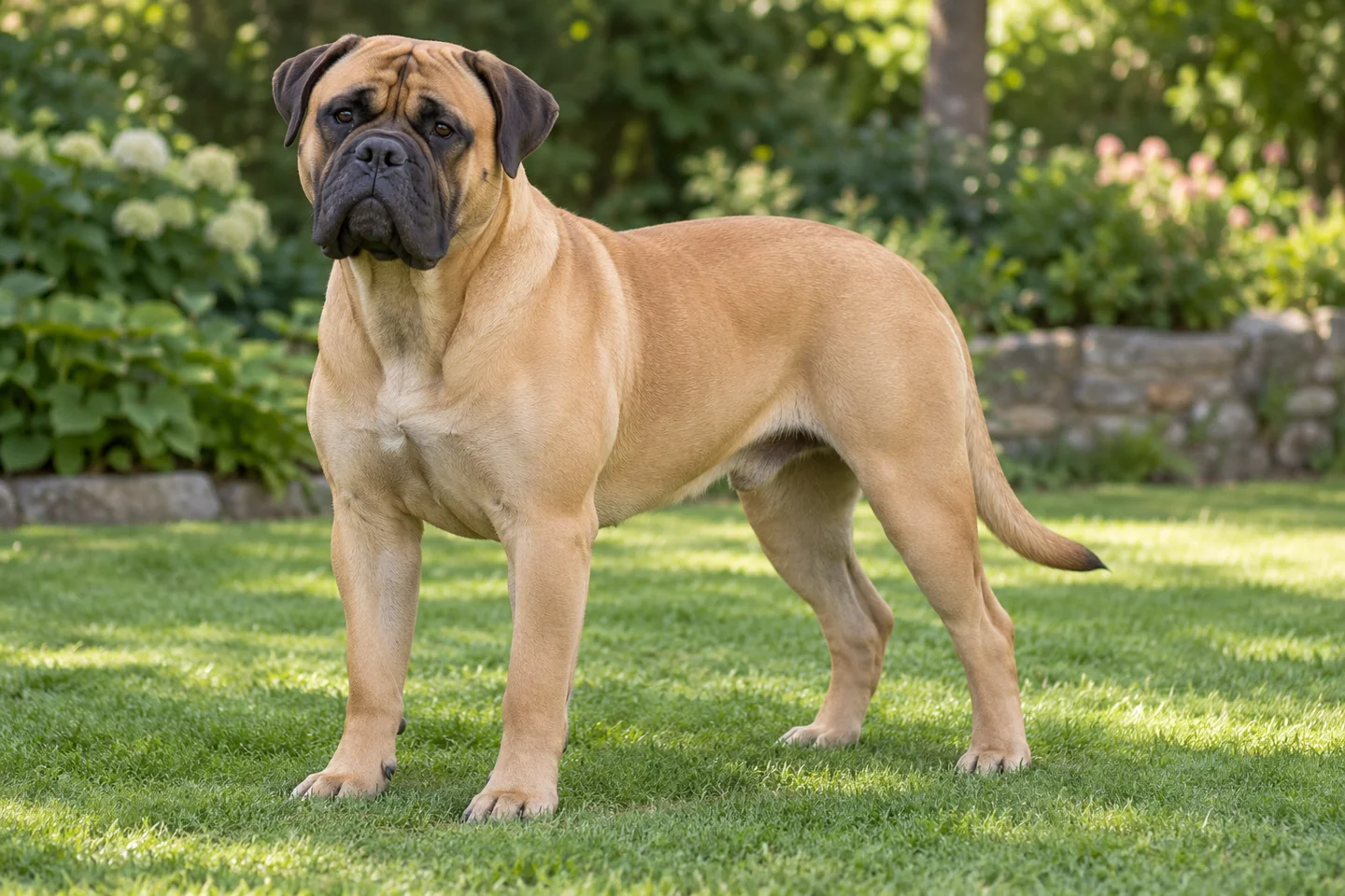Bullmastiff adult standing comfortably on grass. Short fawn coat with black mask illustrated.