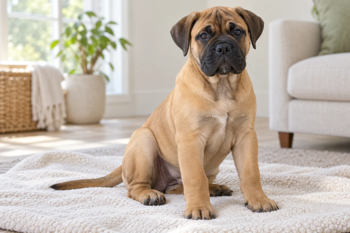 Bullmastiff puppy resting beside a soft blanket. Short fawn coat with black mask illustrated.