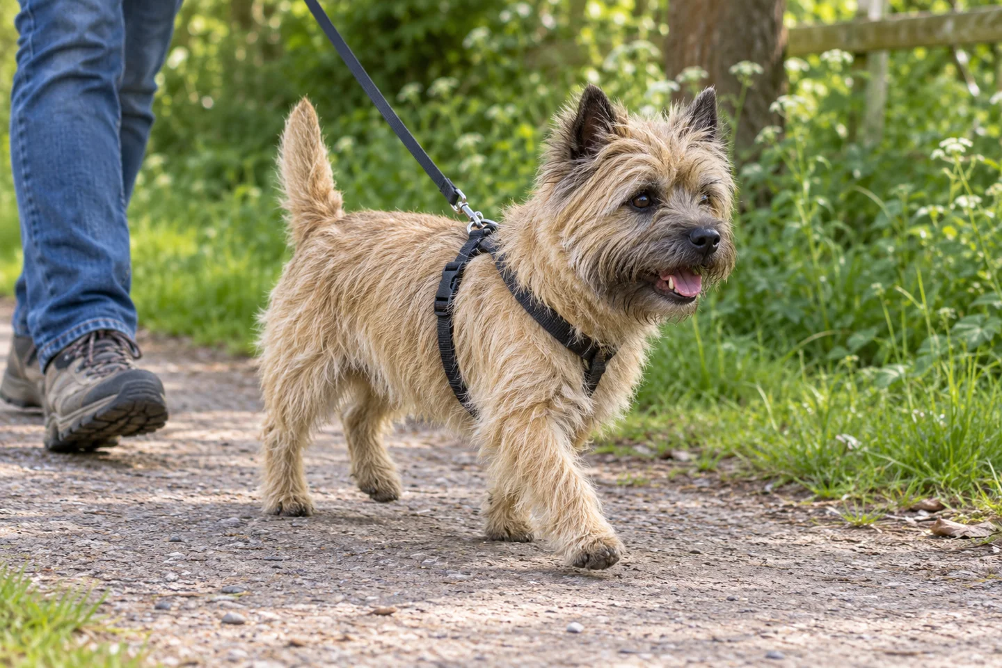 Cairn Terrier adult exploring a quiet path beside a handler. Harsh wheaten double coat with dark shading illustrated.