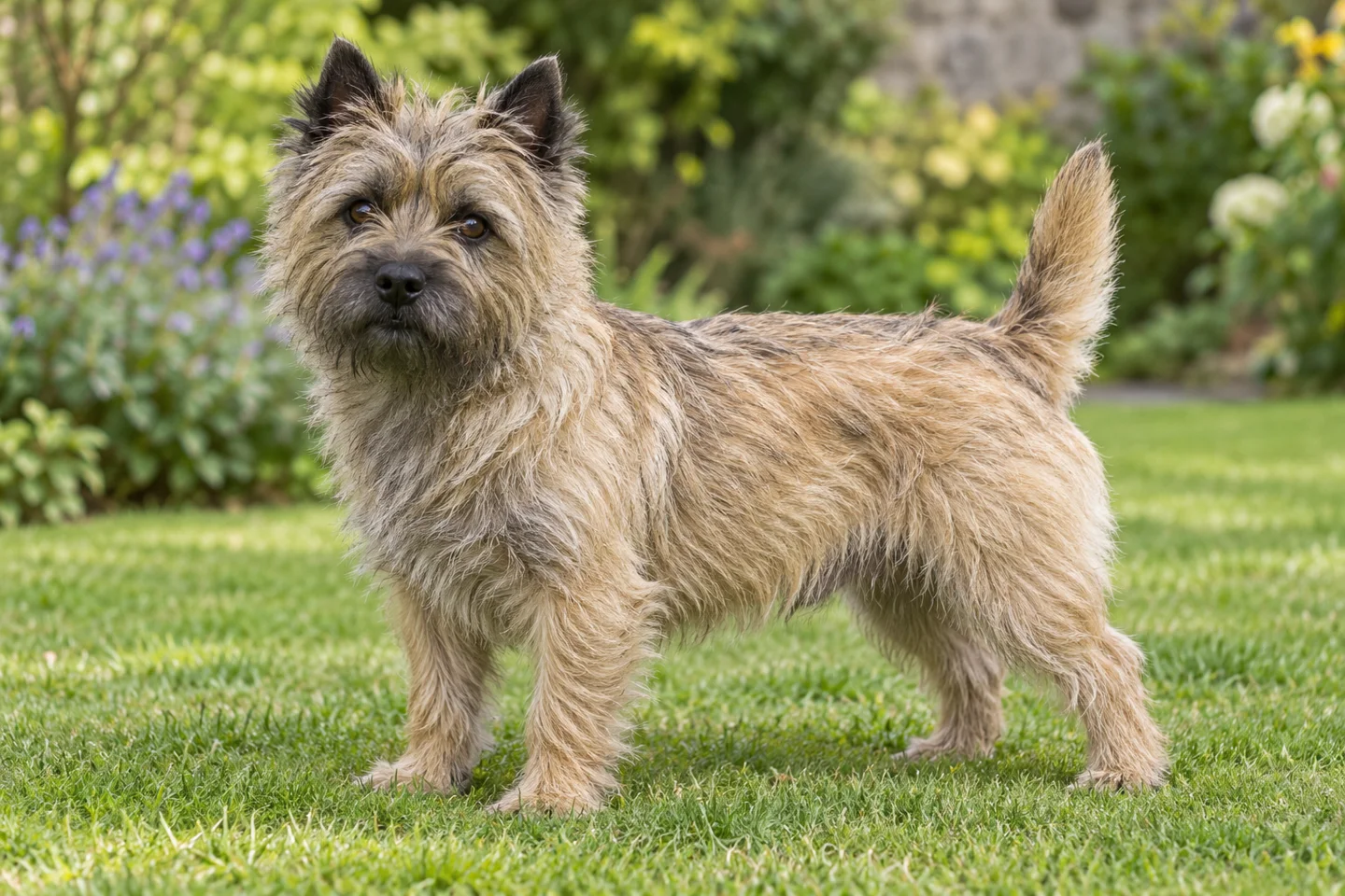 Cairn Terrier adult standing comfortably on grass. Harsh wheaten double coat with dark shading illustrated.