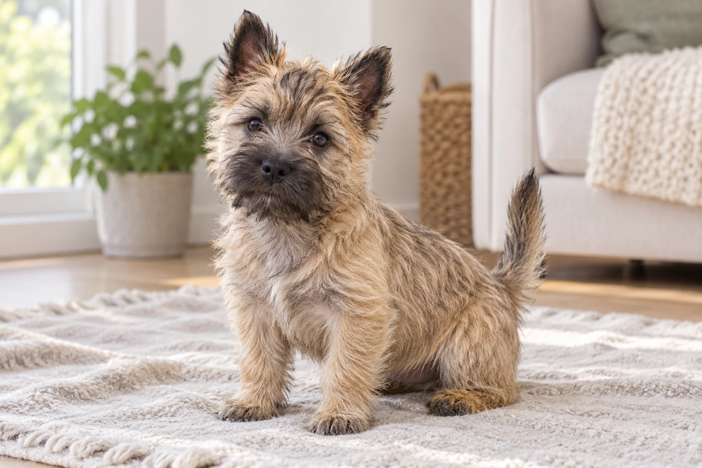 Cairn Terrier puppy resting beside a soft blanket. Harsh wheaten double coat with dark shading illustrated.