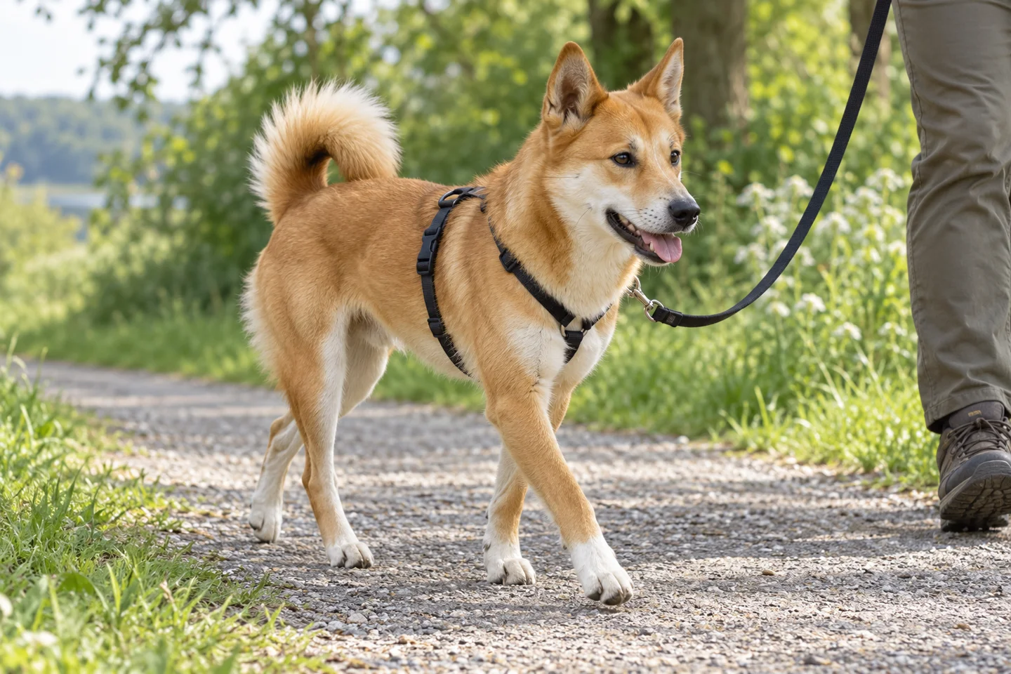 Canaan Dog adult exploring a quiet path beside a handler. Dense sandy-red coat with modest white illustrated.