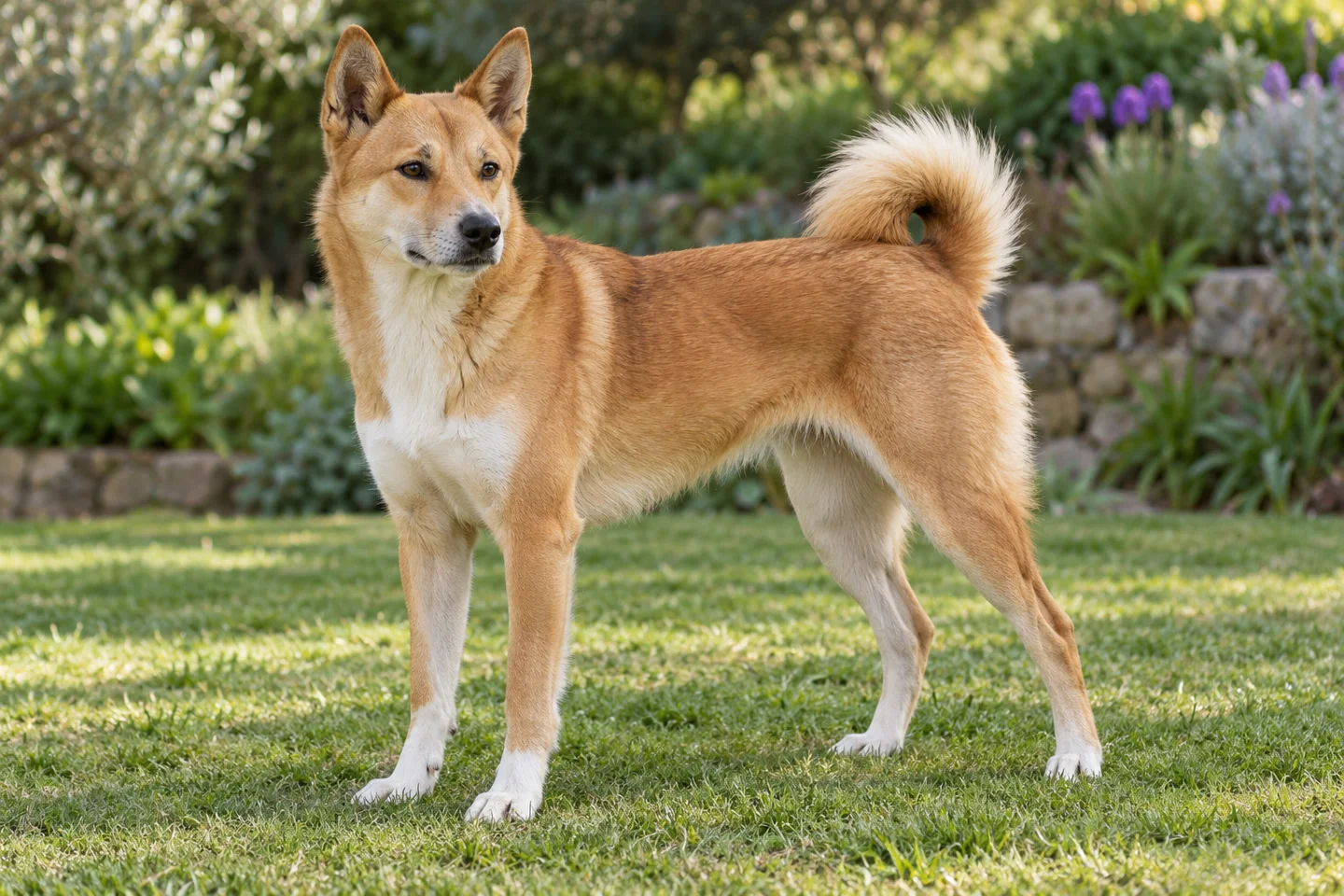 Canaan Dog adult standing comfortably on grass. Dense sandy-red coat with modest white illustrated.