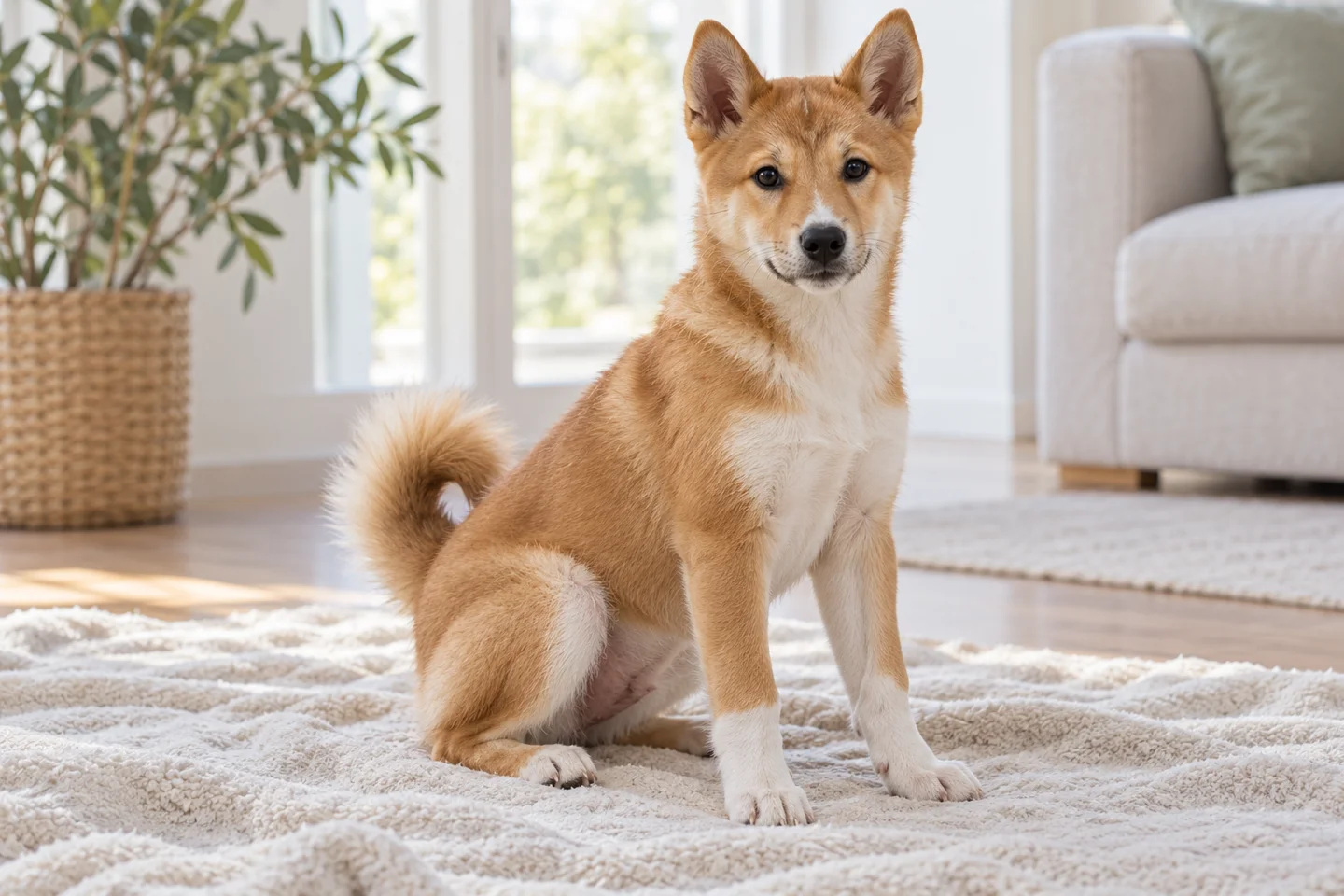 Canaan Dog puppy resting beside a soft blanket. Dense sandy-red coat with modest white illustrated.