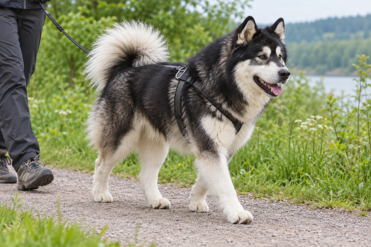 Canadian Eskimo Dog adult exploring a quiet path beside a handler. Dense black-and-white double coat; male illustrated.