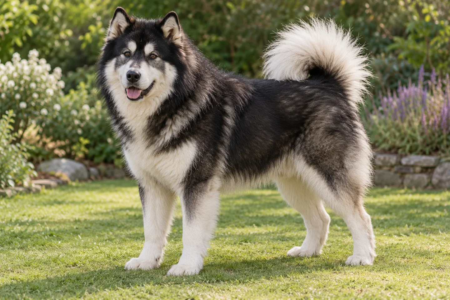 Canadian Eskimo Dog adult standing comfortably on grass. Dense black-and-white double coat; male illustrated.
