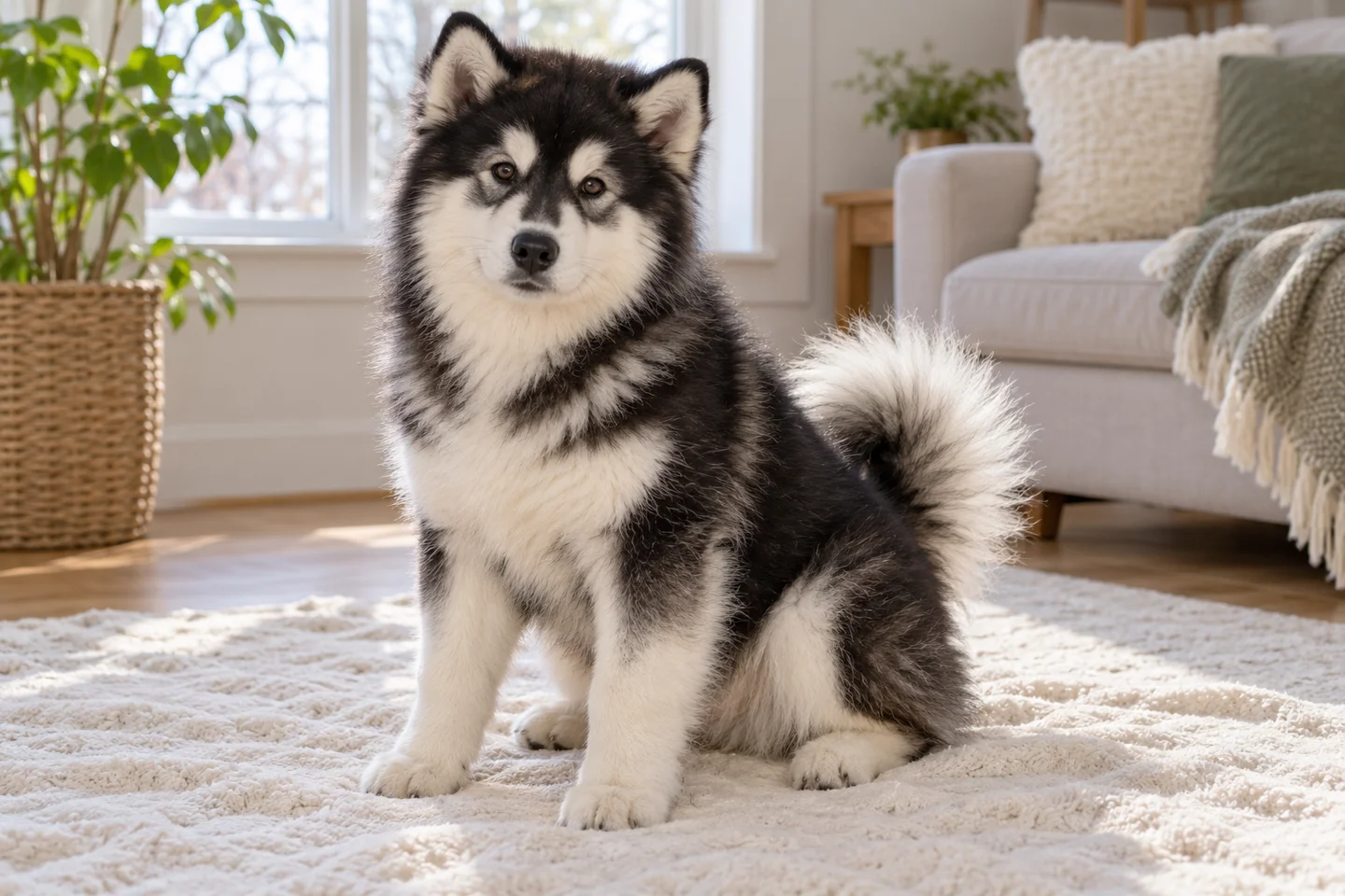 Canadian Eskimo Dog puppy resting beside a soft blanket. Dense black-and-white double coat; male illustrated.