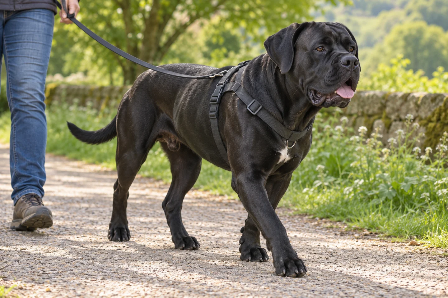 Cane Corso adult exploring a quiet path beside a handler. Short dense black coat; natural ears and tail illustrated.