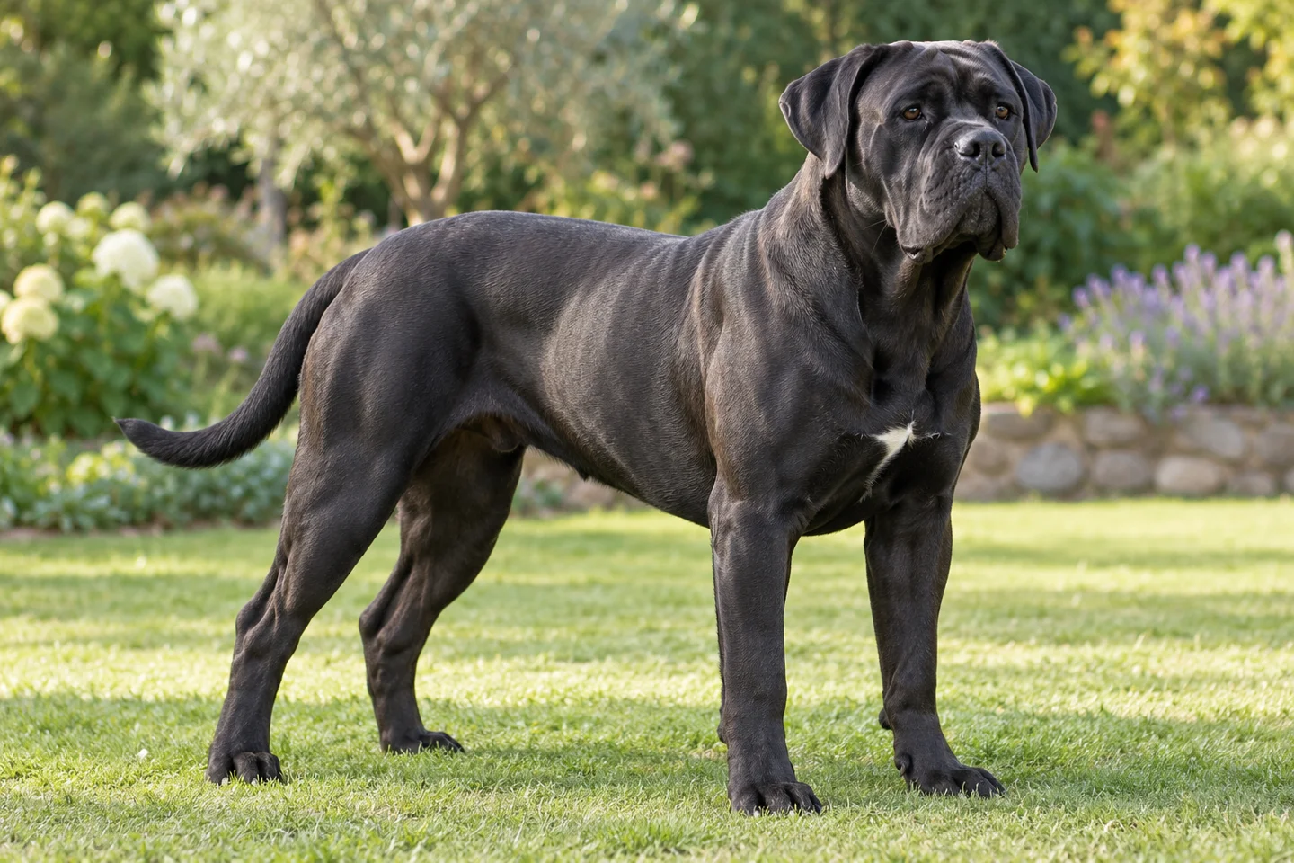 Cane Corso adult standing comfortably on grass. Short dense black coat; natural ears and tail illustrated.