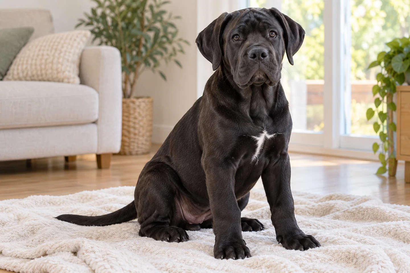 Cane Corso puppy resting beside a soft blanket. Short dense black coat; natural ears and tail illustrated.