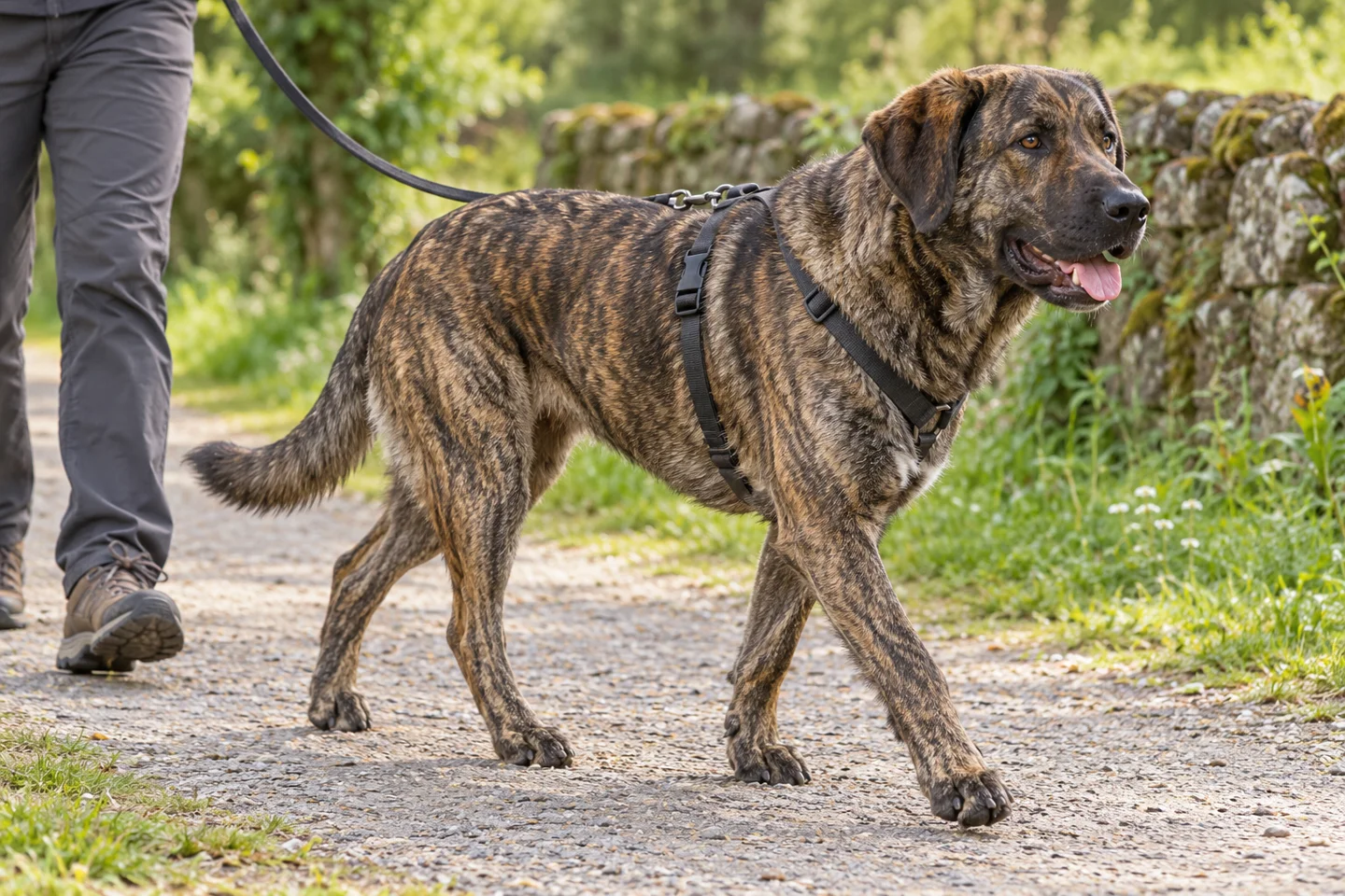 Cão de Castro Laboreiro adult exploring a quiet path beside a handler. Short thick brindled mountain-color coat illustrated.