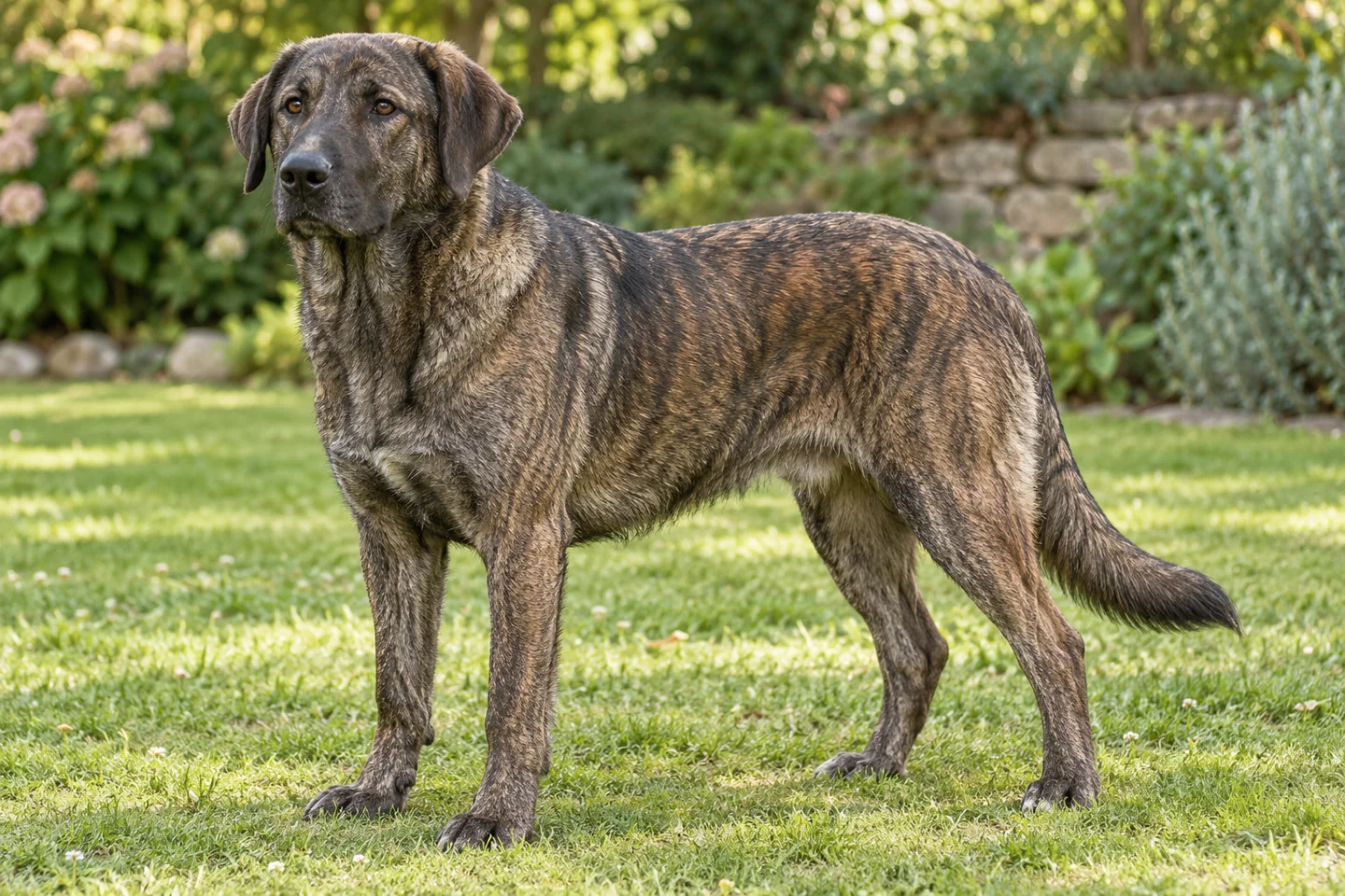 Cão de Castro Laboreiro adult standing comfortably on grass. Short thick brindled mountain-color coat illustrated.