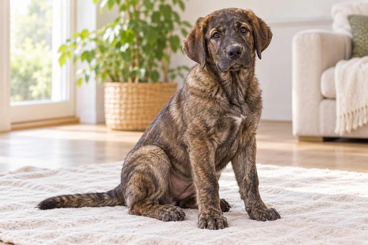 Cão de Castro Laboreiro puppy resting beside a soft blanket. Short thick brindled mountain-color coat illustrated.