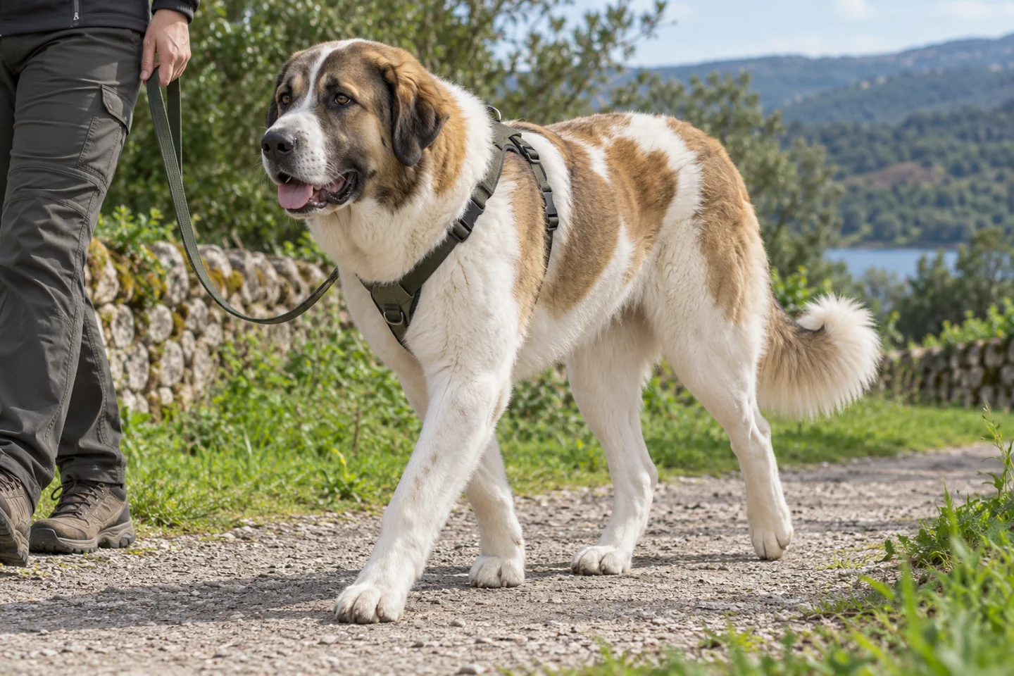Cão de Gado Transmontano adult exploring a quiet path beside a handler. Dense medium white coat with fawn patches illustrated.