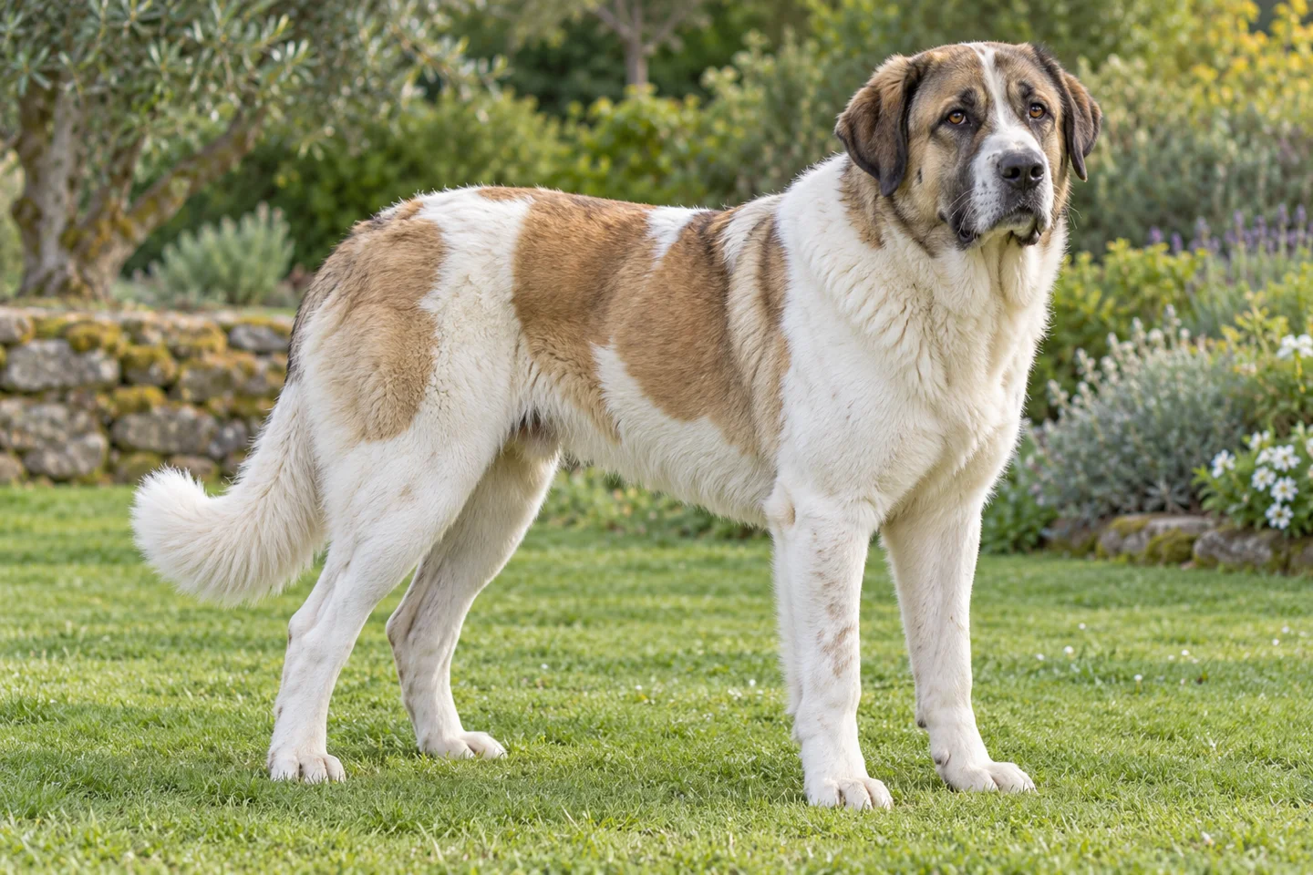 Cão de Gado Transmontano adult standing comfortably on grass. Dense medium white coat with fawn patches illustrated.