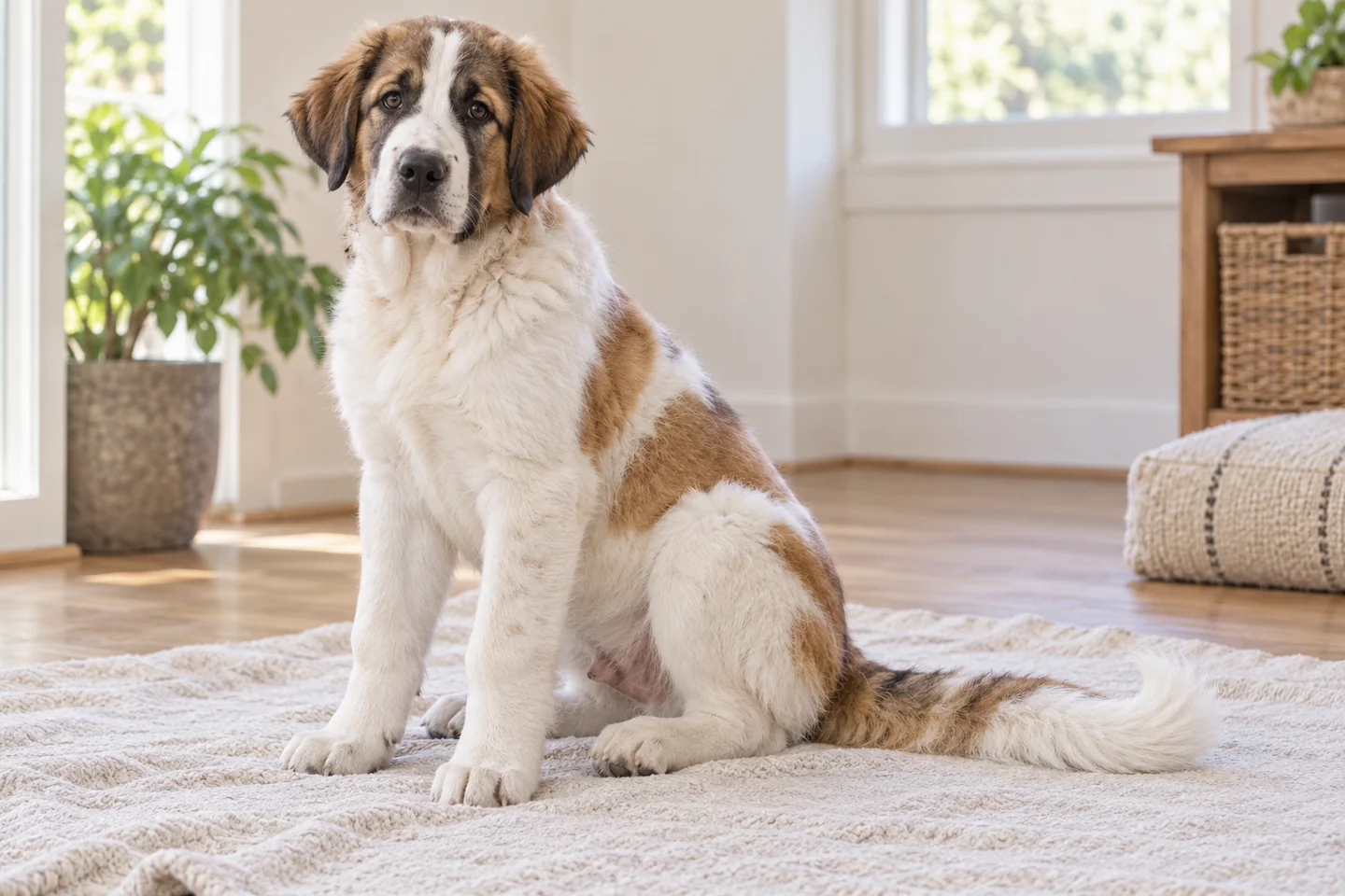 Cão de Gado Transmontano puppy resting beside a soft blanket. Dense medium white coat with fawn patches illustrated.