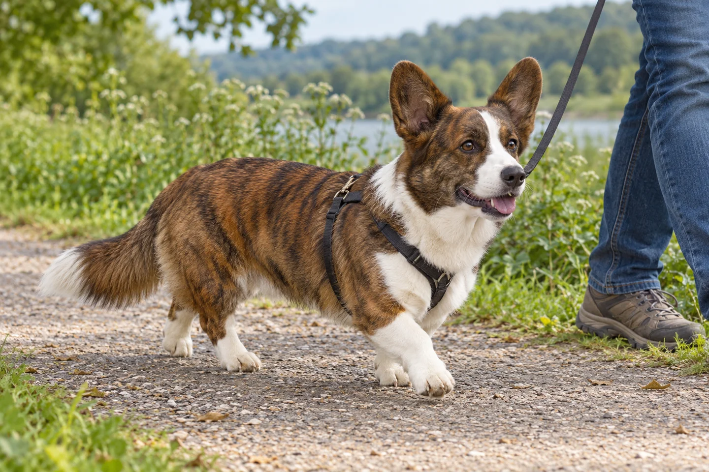 Cardigan Welsh Corgi adult exploring a quiet path beside a handler. Weather-resistant red-brindle and white double coat illustrated.
