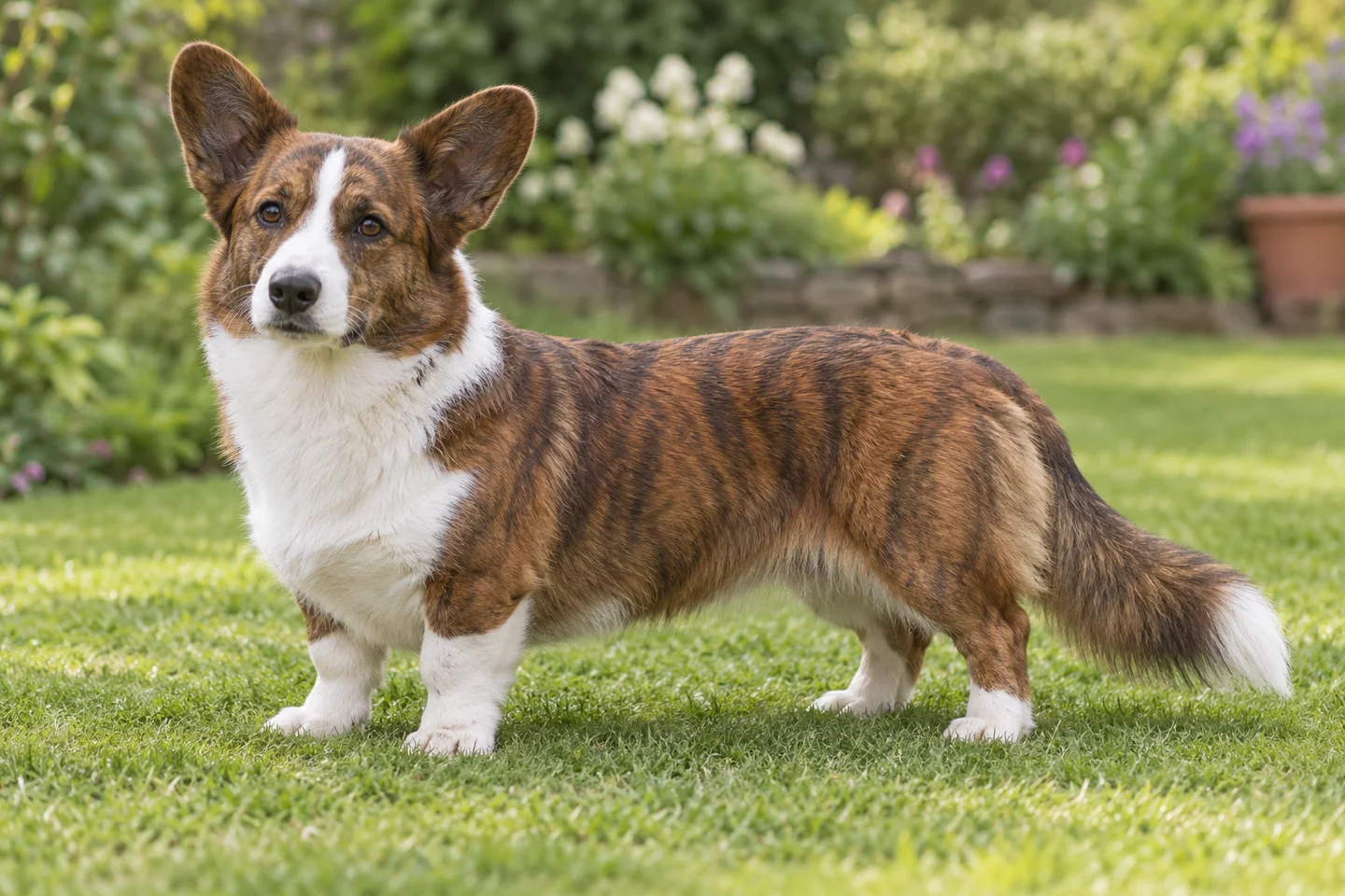 Cardigan Welsh Corgi adult standing comfortably on grass. Weather-resistant red-brindle and white double coat illustrated.