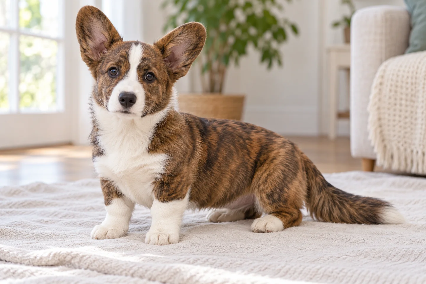 Cardigan Welsh Corgi puppy resting beside a soft blanket. Weather-resistant red-brindle and white double coat illustrated.