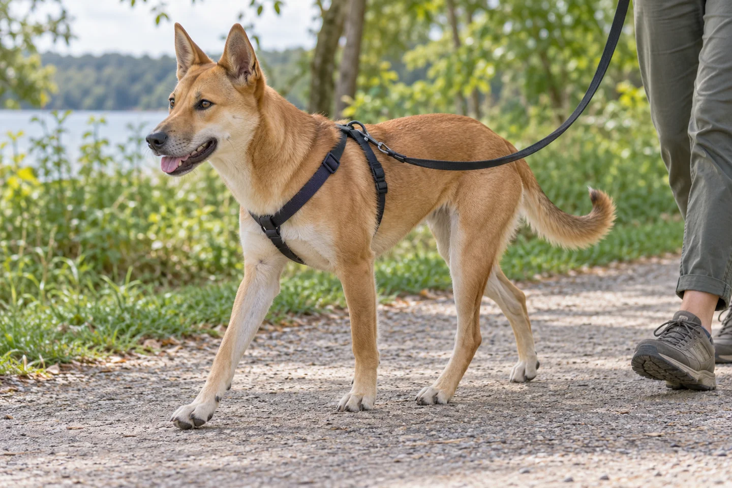 Carolina Dog adult exploring a quiet path beside a handler. Close dense ginger coat illustrated.