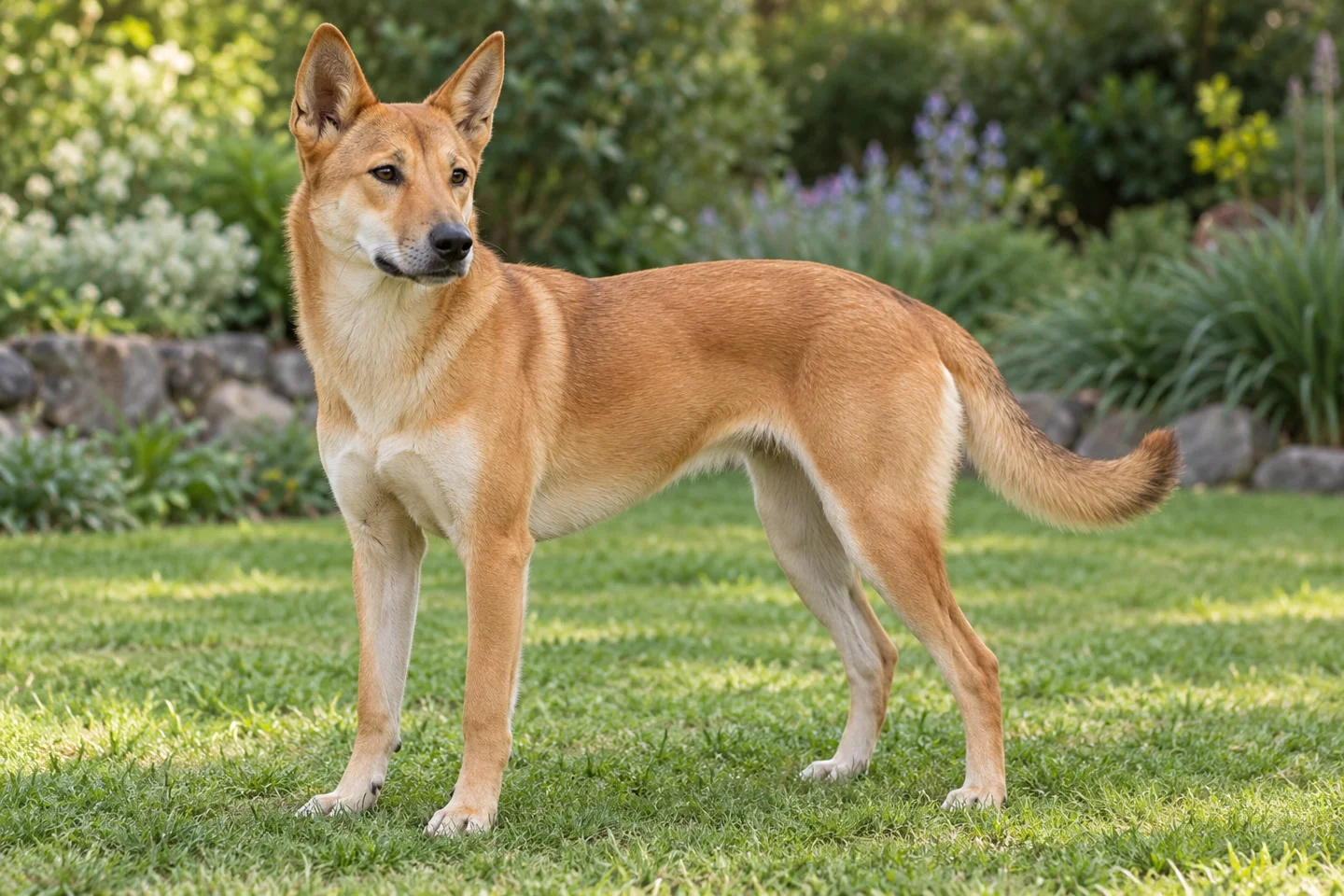 Carolina Dog adult standing comfortably on grass. Close dense ginger coat illustrated.