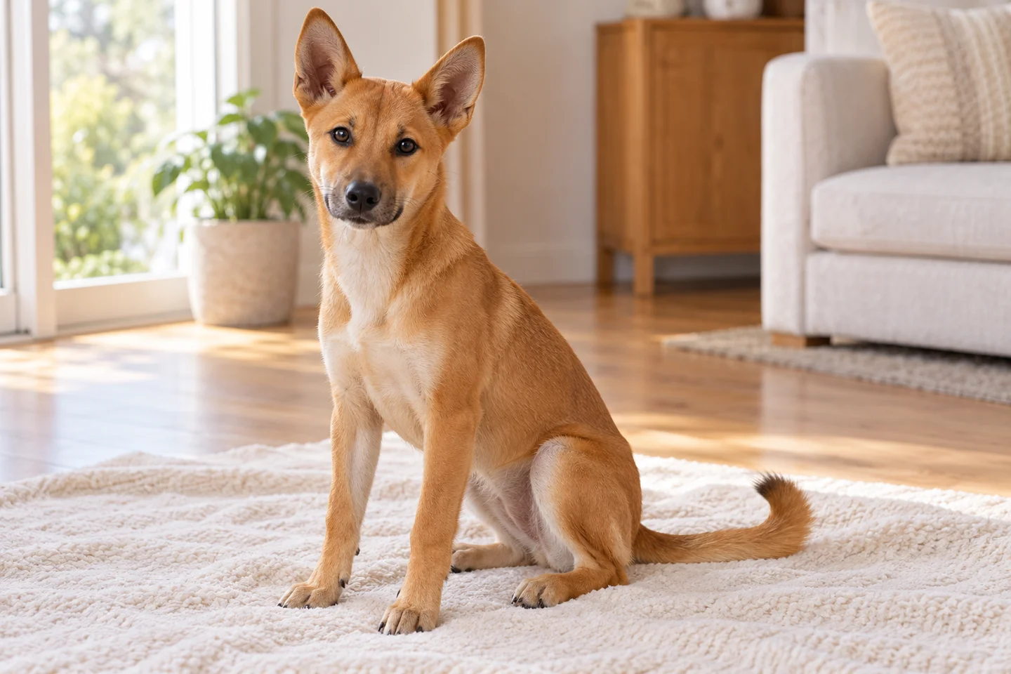 Carolina Dog puppy resting beside a soft blanket. Close dense ginger coat illustrated.