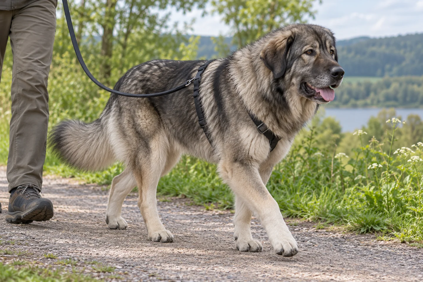 Carpathian Shepherd Dog, adult walking on a lead beside a handler, showing wolf-grey dense coat, natural drop ears and full bushy tail