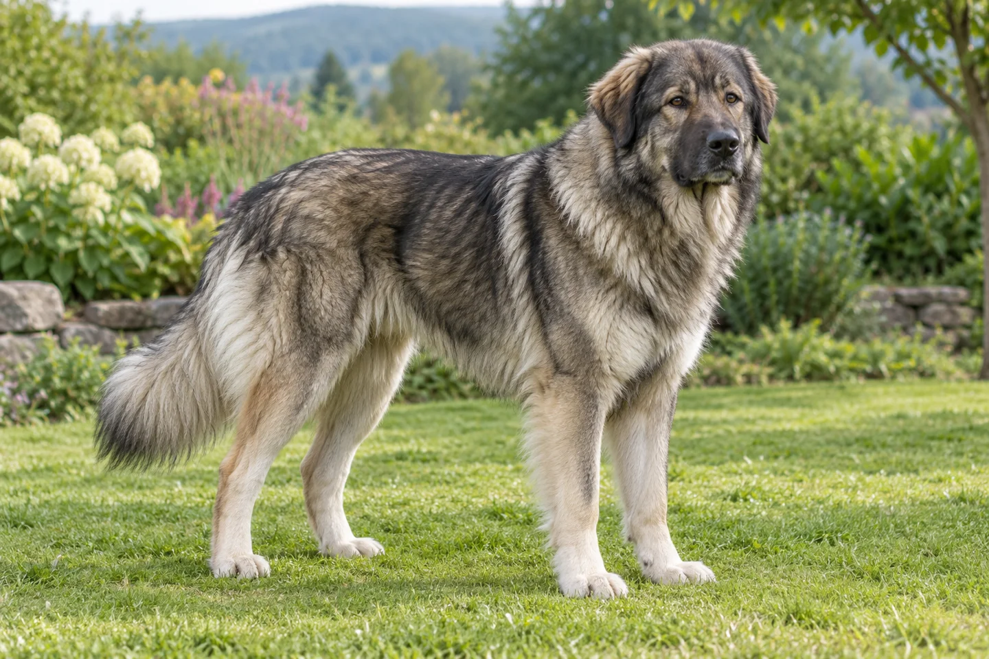 Carpathian Shepherd Dog, adult standing on grass, showing wolf-grey dense coat, natural drop ears and full bushy tail