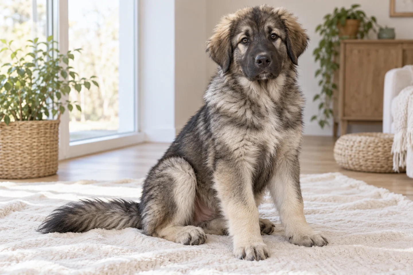 Carpathian Shepherd Dog, young dog on a light blanket, showing wolf-grey dense coat, natural drop ears and full bushy tail