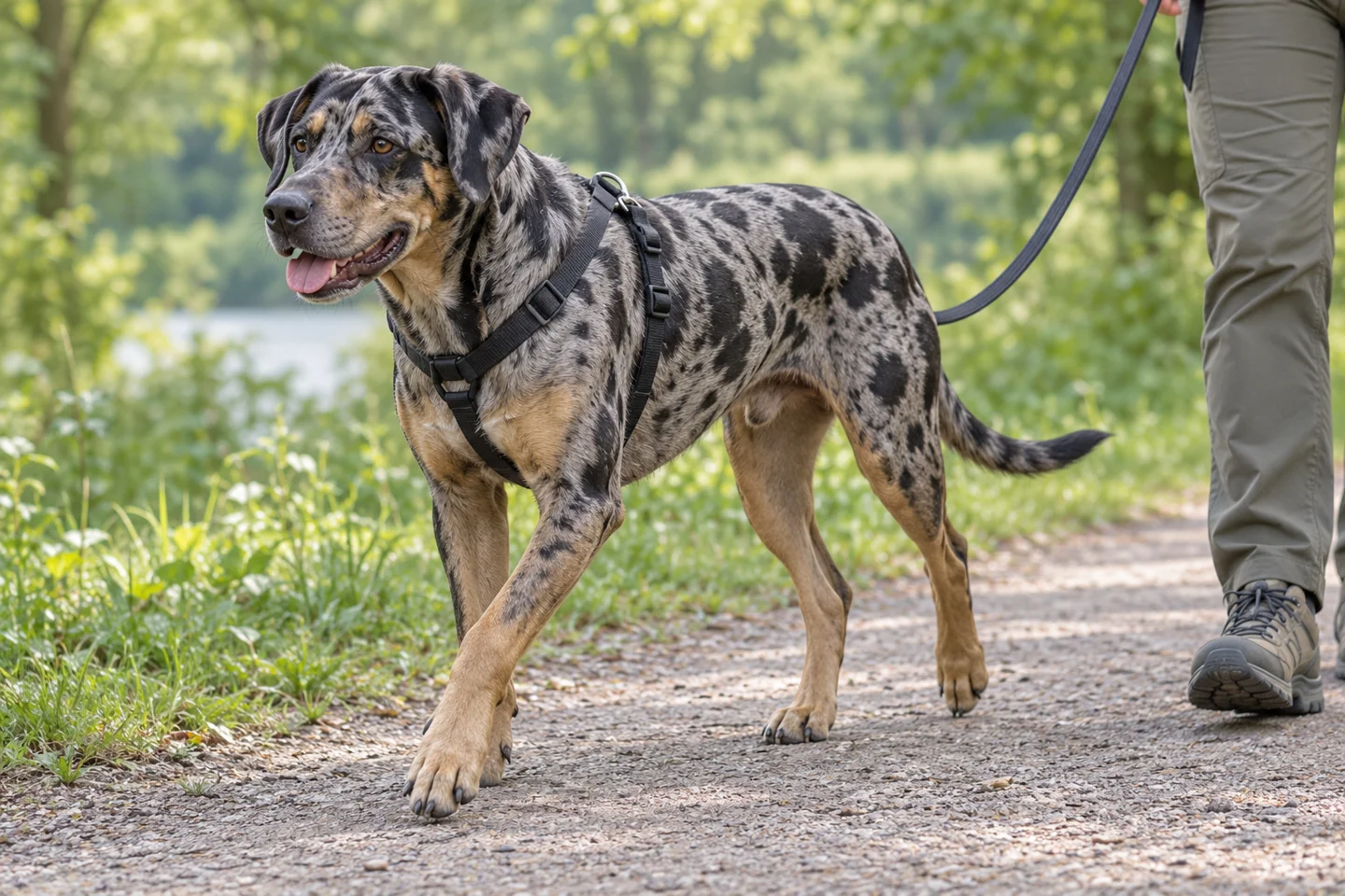 Catahoula Leopard Dog, adult walking on a lead beside a handler, showing short blue-leopard coat, brown eyes, natural ears and full tail